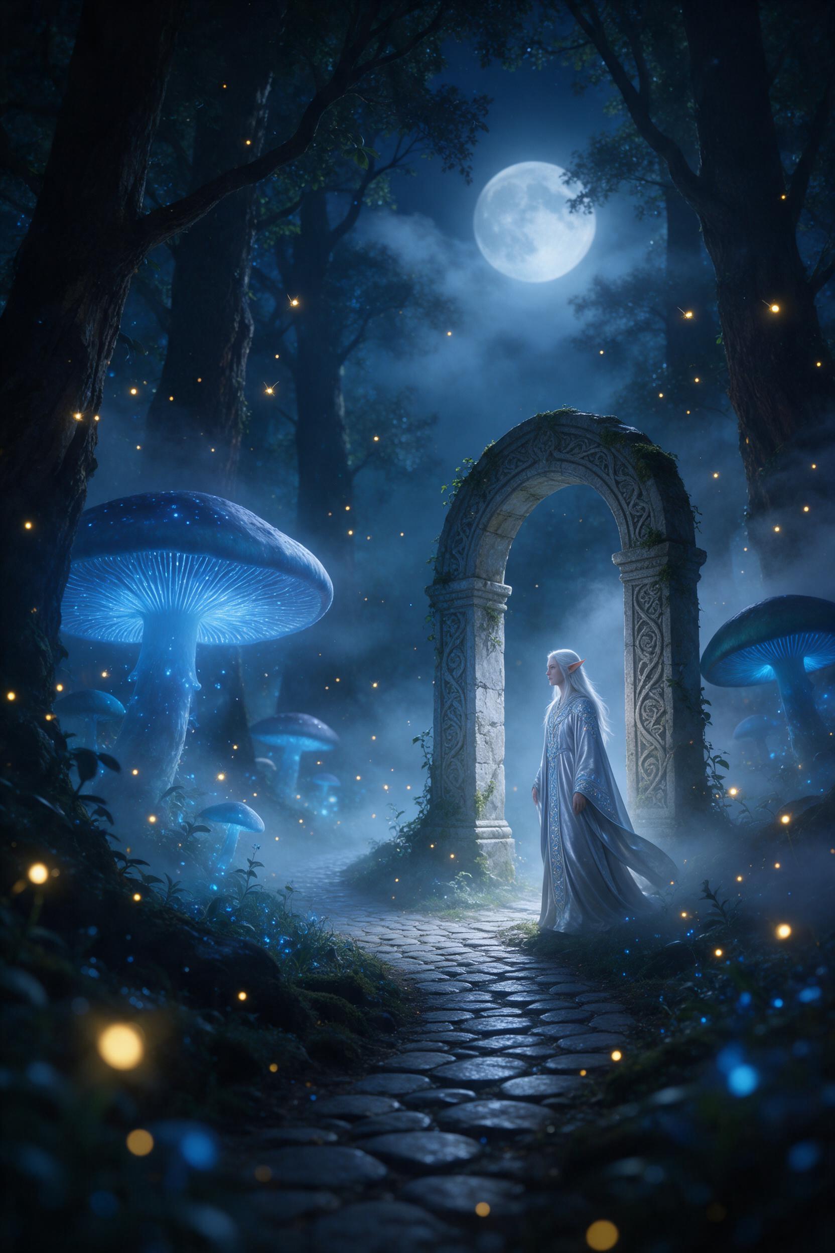 A moonlit bioluminescent forest where giant glowing mushrooms cast soft blue light on a winding path, fireflies like tiny lanterns, swirling mist, a silver-haired elf in flowing robes standing by an ancient stone arch, cinematic composition, shallow depth of field