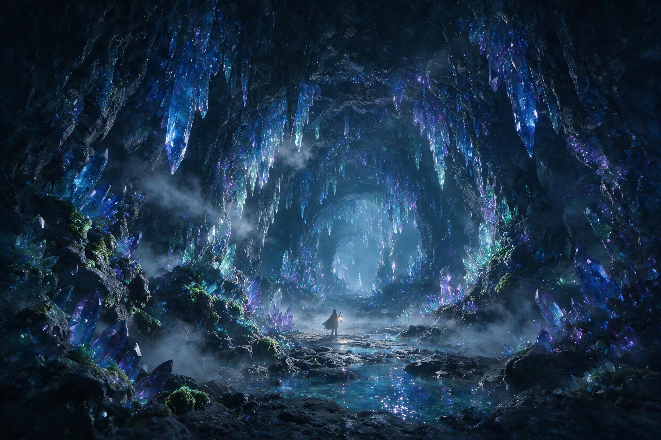 A glowing crystal cavern deep underground, bioluminescent moss clinging to jagged rocks, a single figure in a flowing cloak holding a lantern, soft blue and purple light casting long shadows, mist swirling around stalactites, magical atmosphere, gentle fog, natural lighting from crystals