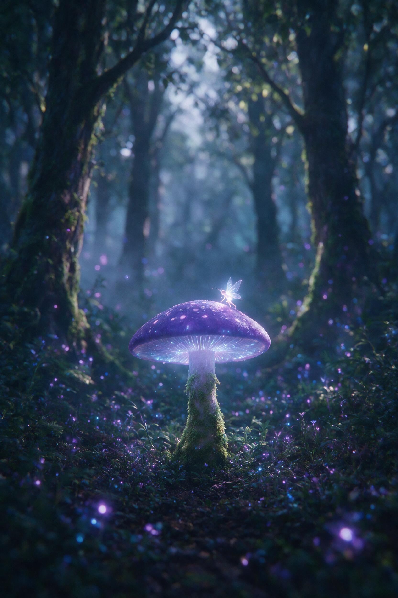 A luminous fairy with translucent wings perched on a glowing mushroom in a misty forest at twilight, soft bioluminescent light casting purple and blue hues, shallow depth of field, slight camera shake, natural grain
