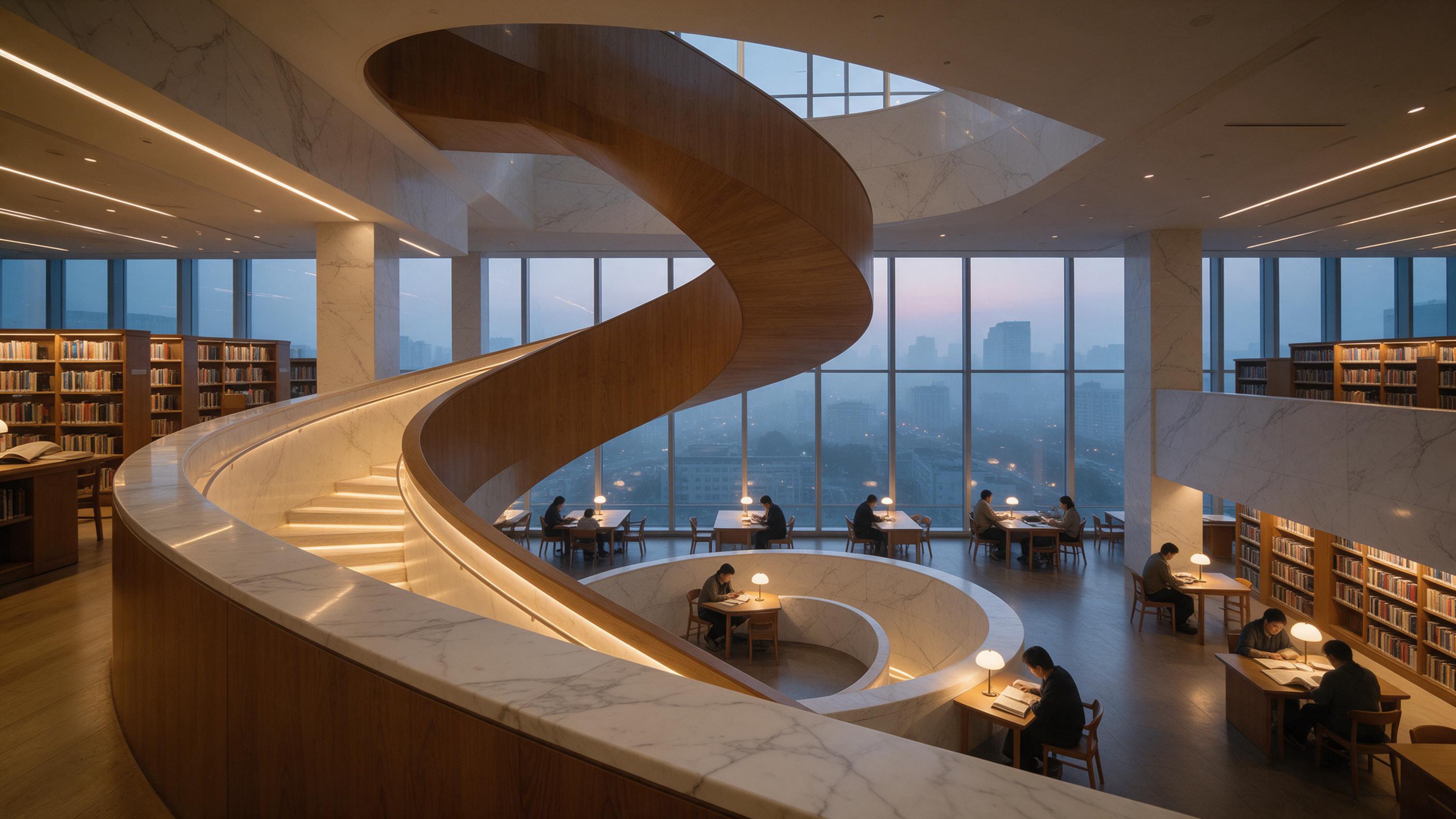 A modern library interior with floating spiral staircases, warm wood and white marble contrasts, floor-to-ceiling windows revealing a misty city skyline at dusk, soft golden interior lighting blending with cool blue twilight, people reading at scattered tables, slight camera perspective from above f