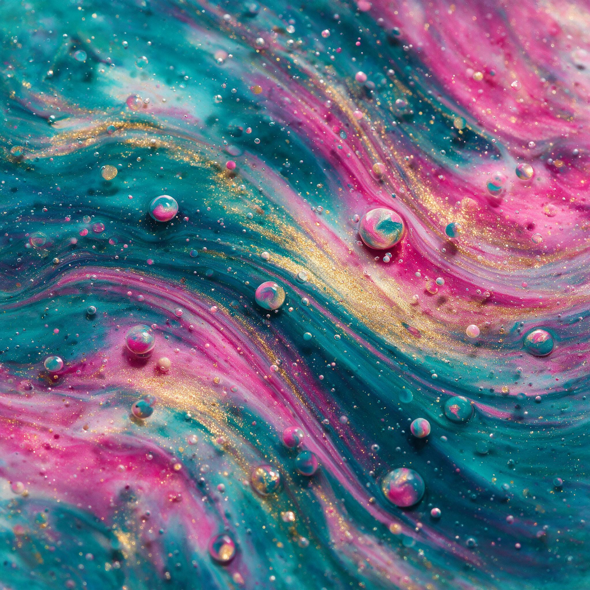 Vibrant fluid art with swirling shades of teal, magenta, and gold, luminous droplets suspended in resin, soft diffused studio lighting, macro shot capturing intricate overlapping waves and bubbles, smooth gradients, serene composition.