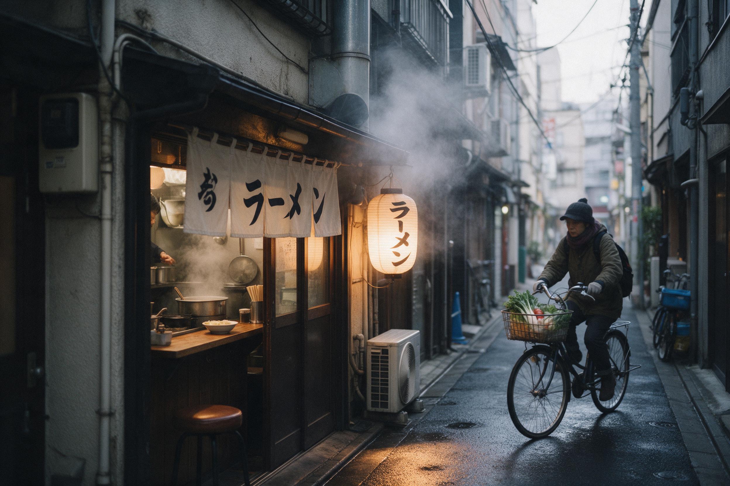 A quiet morning in a narrow Tokyo alley, steam rising from a tiny ramen shop, warm lantern light spilling onto wet pavement, a cyclist with a basket of vegetables passing by, soft overcast sky, shallow depth of field, slight film grain.