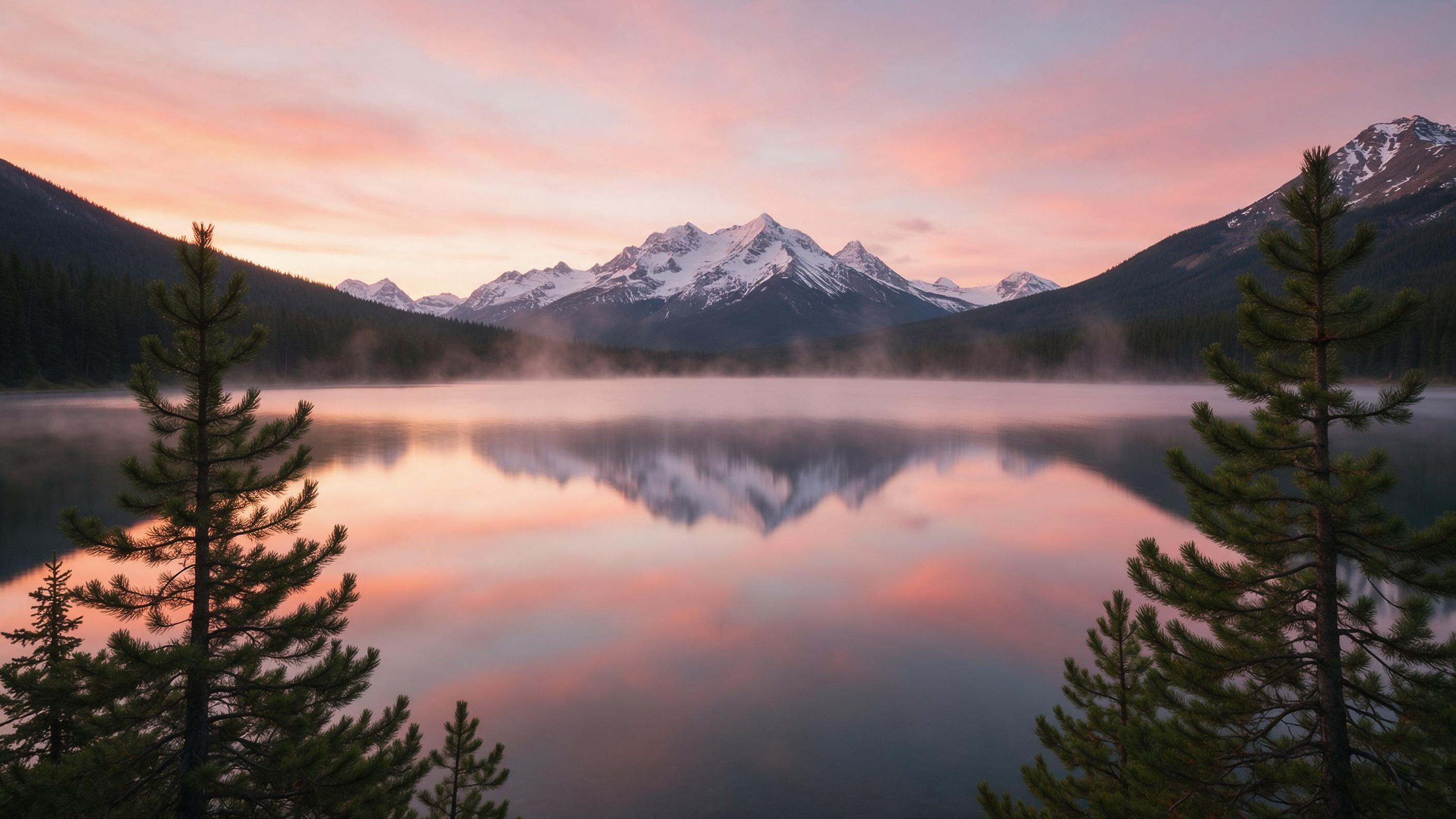 A serene mountain lake at dawn, mirror-like water reflecting snow-capped peaks, soft pink and orange gradient sky, gentle mist rising from the shore, pine trees framing the foreground, long exposure smooths the surface, natural light with subtle grain.