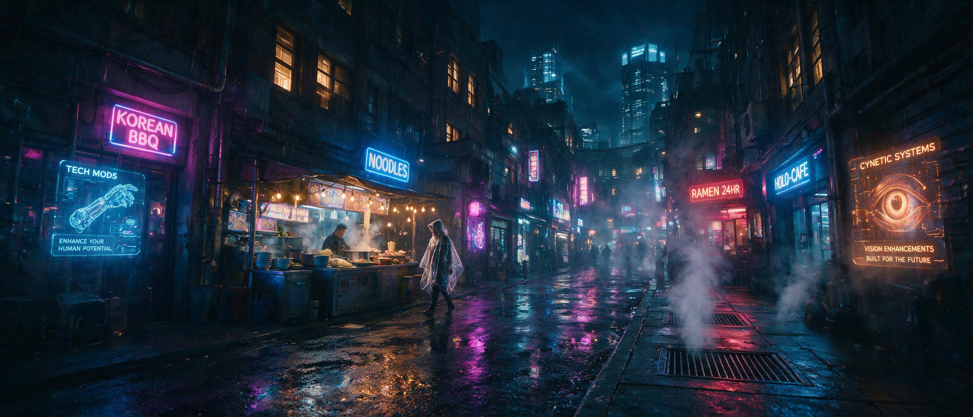 A neon-lit cyberpunk alleyway at midnight, rain-slicked asphalt reflecting holographic advertisements, a lone figure in a transparent poncho walks past a flickering noodle stand, steam rising from ventilation grates, atmospheric haze, cinematic composition