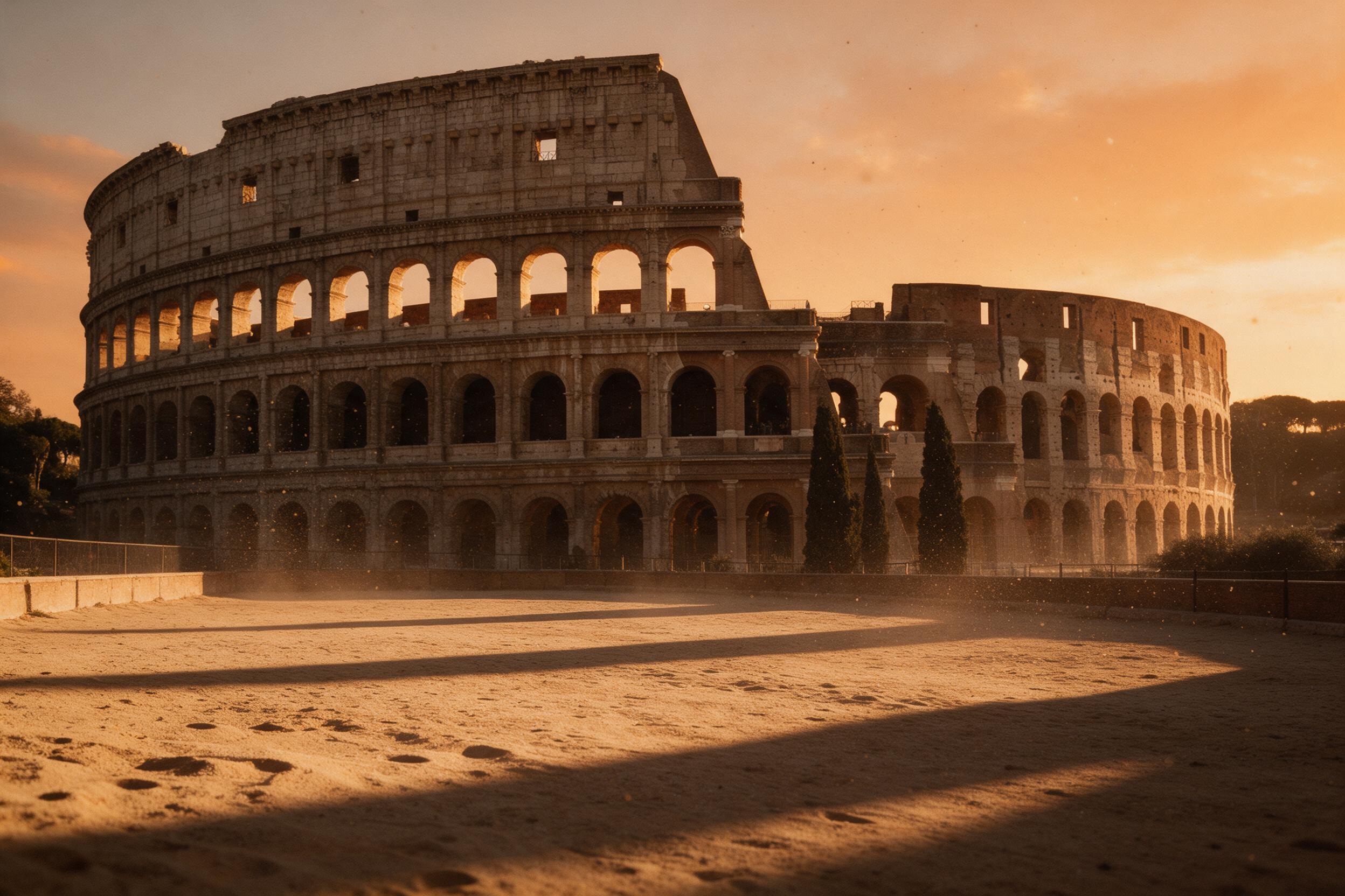 An ancient Roman colosseum at dusk, warm golden light washing over weathered stone arches, long shadows stretching across the sandy arena floor, a few cypress trees silhouetted against the orange sky, dust particles floating in the air, shot with a vintage 35mm lens, slight film grain, natural compo
