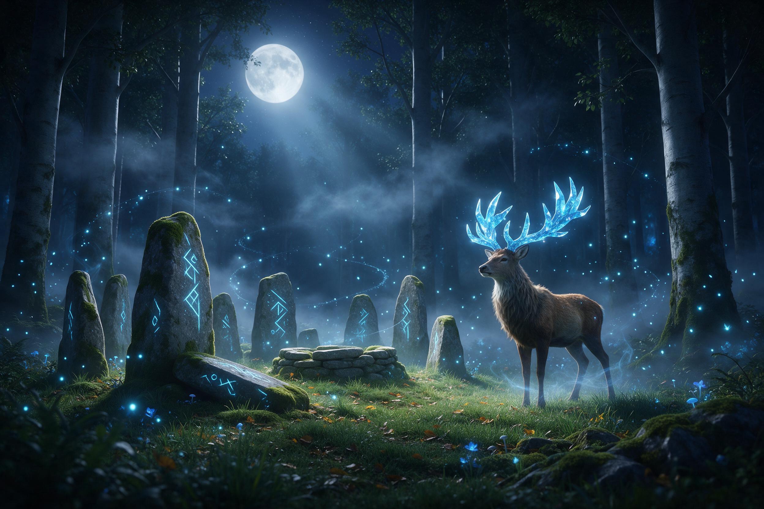 A moonlit enchanted forest clearing, ancient moss-covered stones glowing with soft blue runes, fireflies dancing in spirals, mist curling between towering silver-barked trees, a lone stag with antlers of luminescent crystal standing silent, ethereal light filtering through the canopy, tranquil and o
