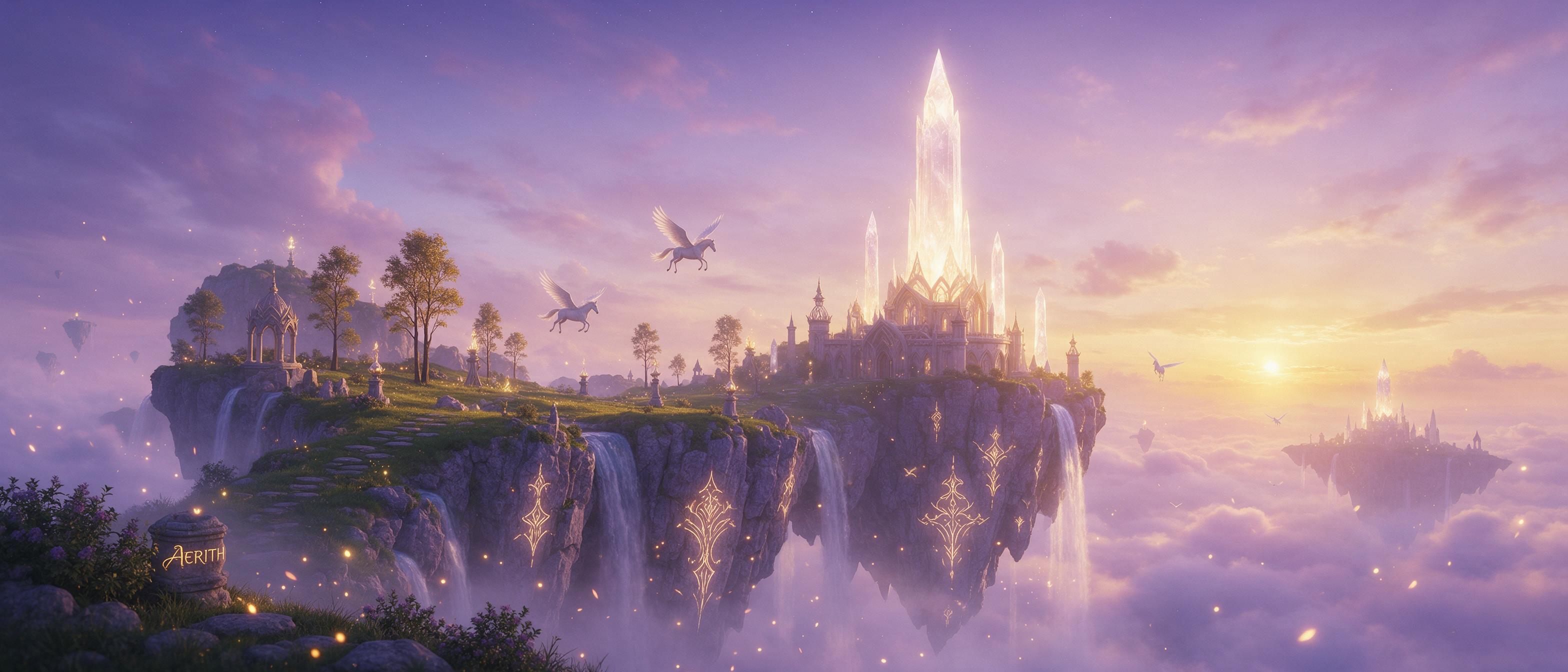 A luminous floating island at dusk, waterfalls cascading into clouds below, ancient glowing runes etched into rocky cliffs, tiny fireflies and winged horses circling a crystal spire, soft lavender and gold lighting, misty atmosphere, cinematic wide shot, ethereal and dreamlike