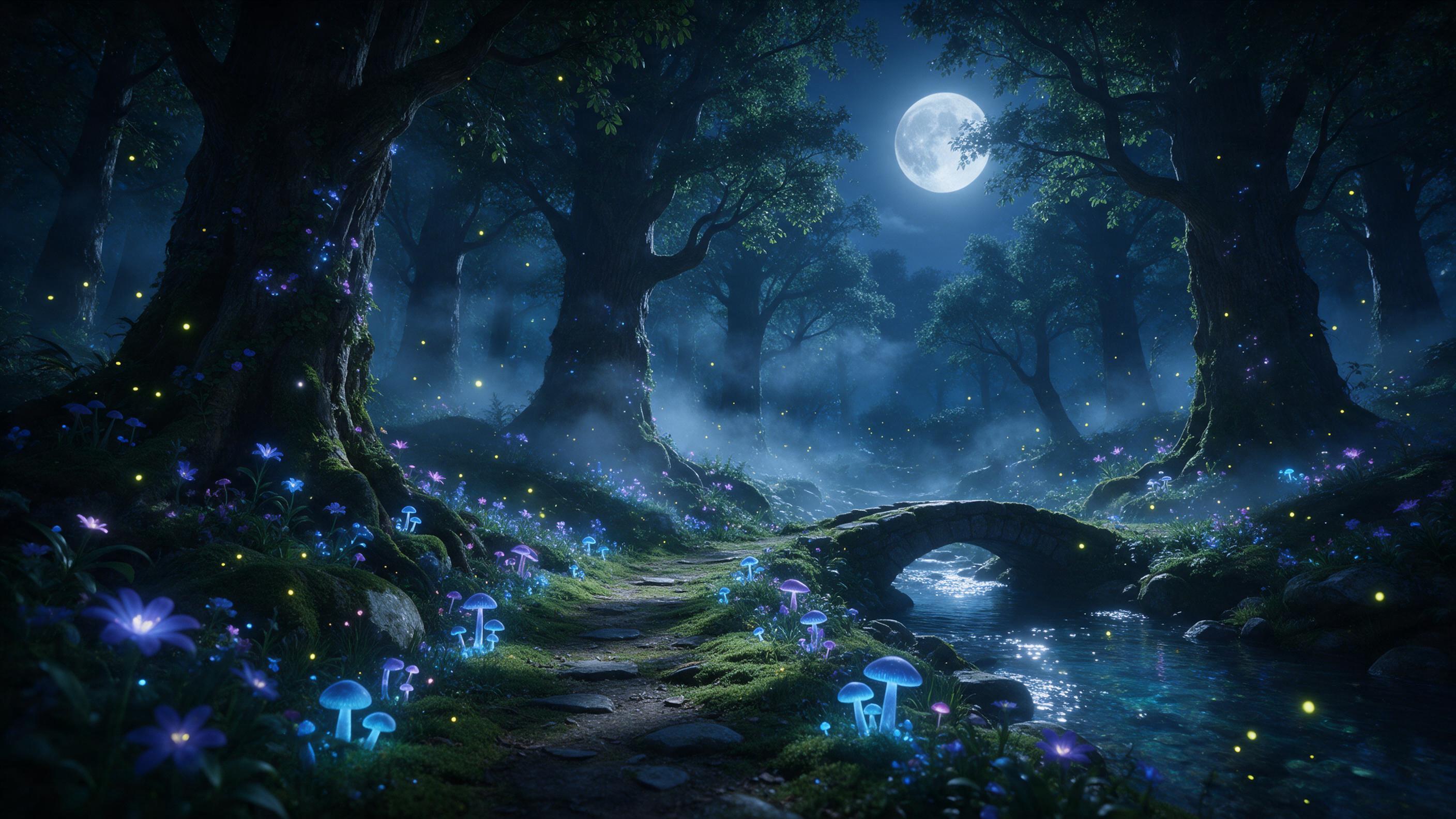 A moonlit enchanted forest with bioluminescent flowers and ancient trees, glowing blue and purple mushrooms lining a mossy path, soft mist weaving between trunks, fireflies floating in the air, a small stone bridge over a crystal-clear stream, cool moonlight casting silver highlights, dreamlike atmo