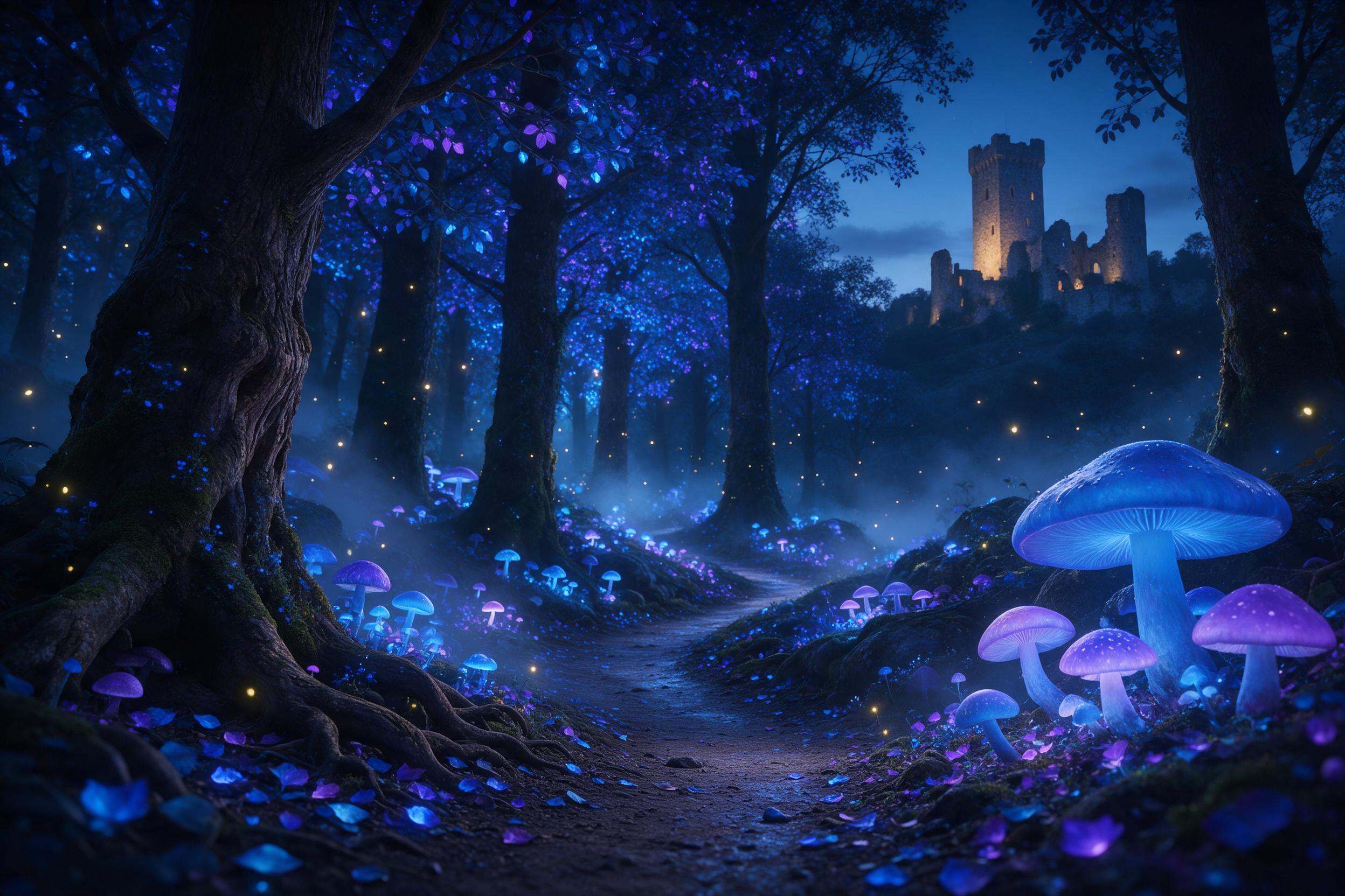 A shimmering bioluminescent forest at twilight, tall trees with glowing blue and purple leaves, a narrow winding path lined with luminous mushrooms, ethereal fireflies drifting in the air, soft mist hugging the ground, distant castle ruins on a hill, cool blue ambient light with warm golden highligh