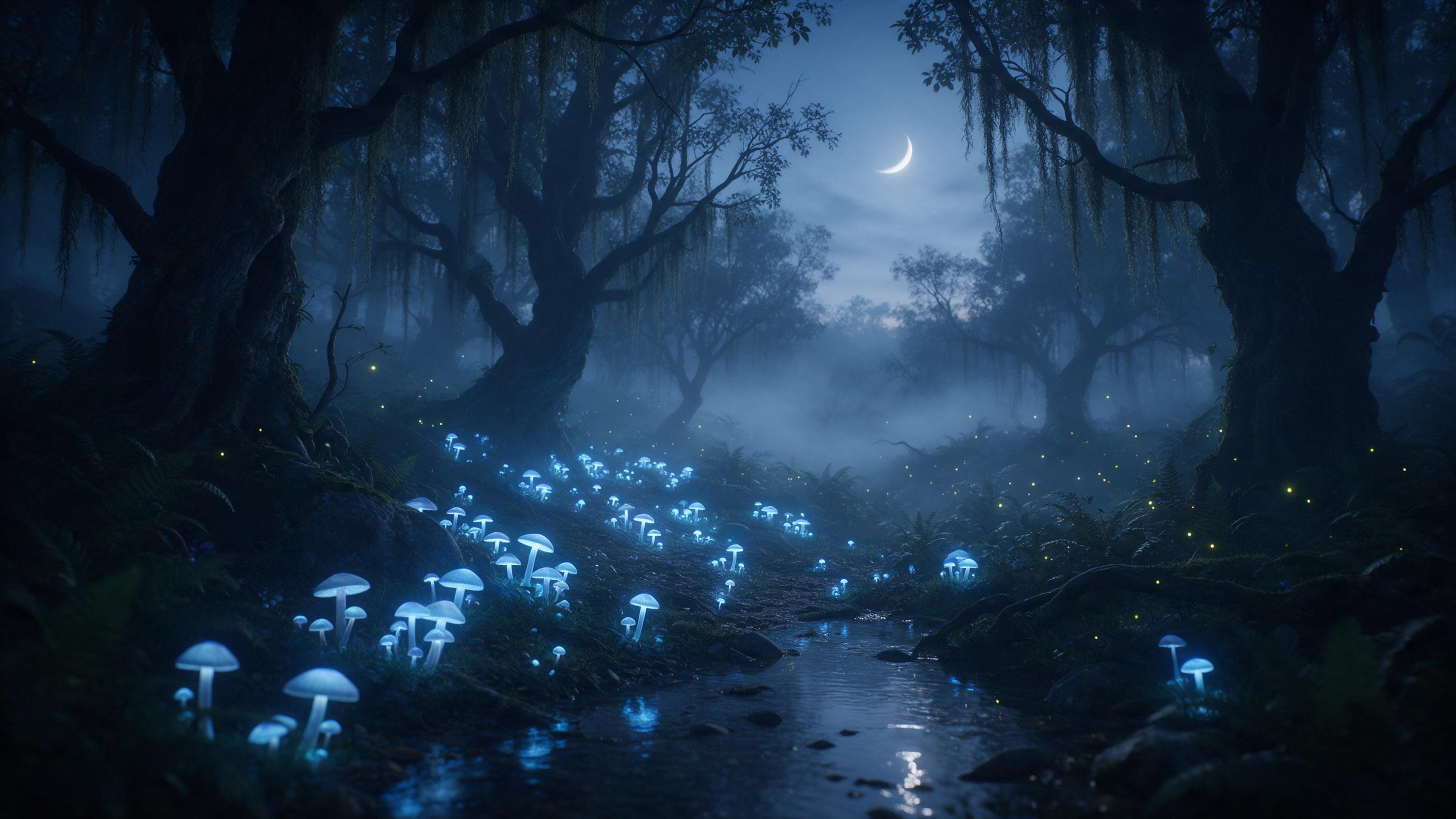 A misty twilight forest where clusters of glowing mushrooms illuminate a winding path, their soft blue light reflecting in a shallow stream. Ancient, gnarled trees draped in hanging moss surround the scene, while distant fireflies drift among ferns. Wispy fog catches the silver glow of a low crescen