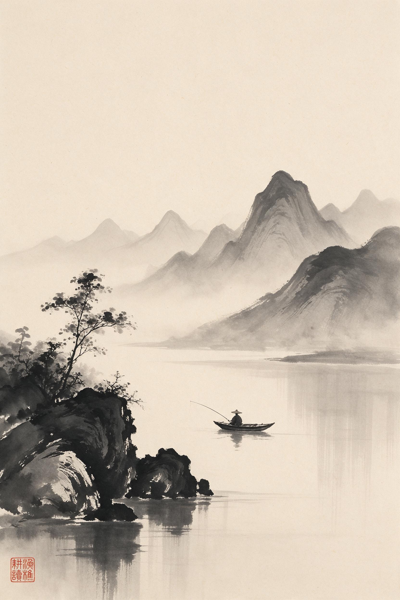 Chinese ink wash painting of misty mountains and a lone figure in a small boat on a calm river, soft brushstrokes, layered gradients of gray and black, a red seal accent in the corner, minimalist composition, negative space dominates, warm rice paper texture, natural light from an overcast sky, subt