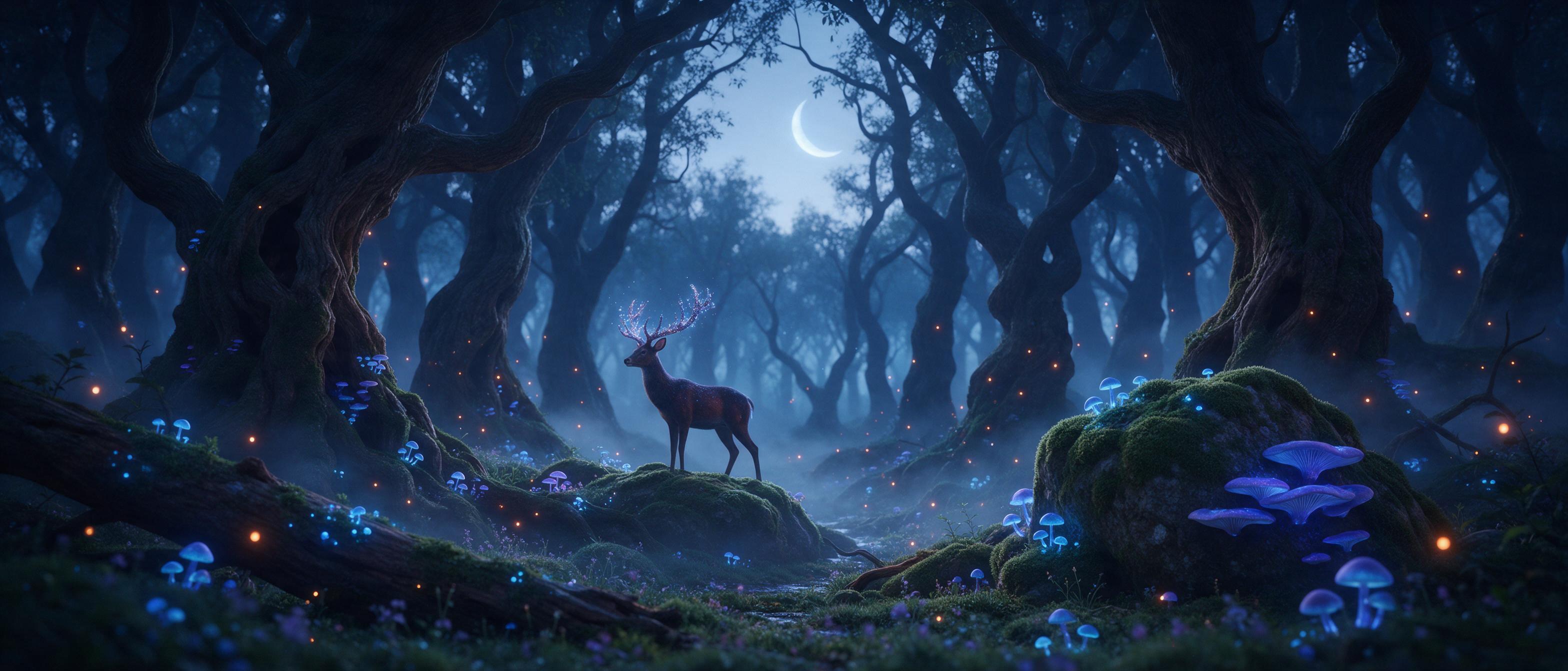 A bioluminescent forest at twilight, ancient twisted trees with glowing blue and violet mushrooms, a small deer with shimmering antlers standing on a mossy rock, soft magical mist drifting between trunks, warm orange fireflies, gentle backlighting from the crescent moon through the canopy, cinematic