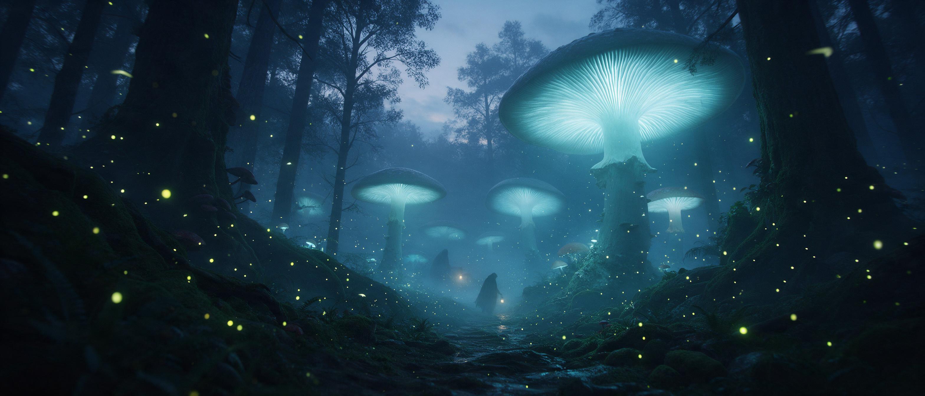 A misty ancient forest at twilight, colossal glowing mushroom towers cast soft cyan light on a winding mossy path, fireflies drift like living stars, a cloaked figure with a lantern fades into the fog, damp air shimmer, cinematic wide shot with a low-angle view