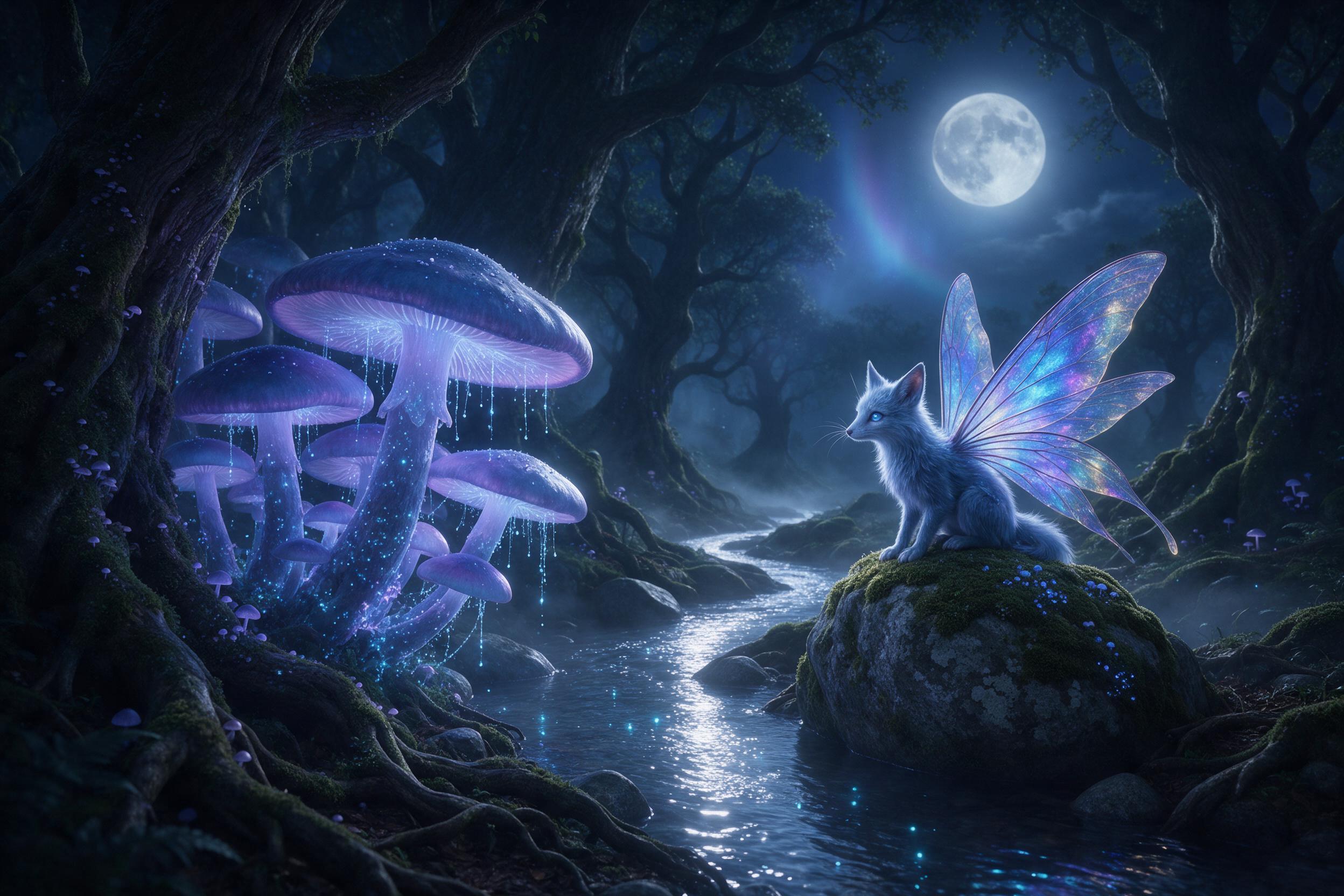 A moonlit glade where giant bioluminescent mushrooms cast soft blue and purple light, their caps dripping with glowing spores. A small, winged creature with translucent, iridescent wings perches on a mossy stone, observing a shimmering silver stream that weaves through ancient, gnarled trees. Mist h