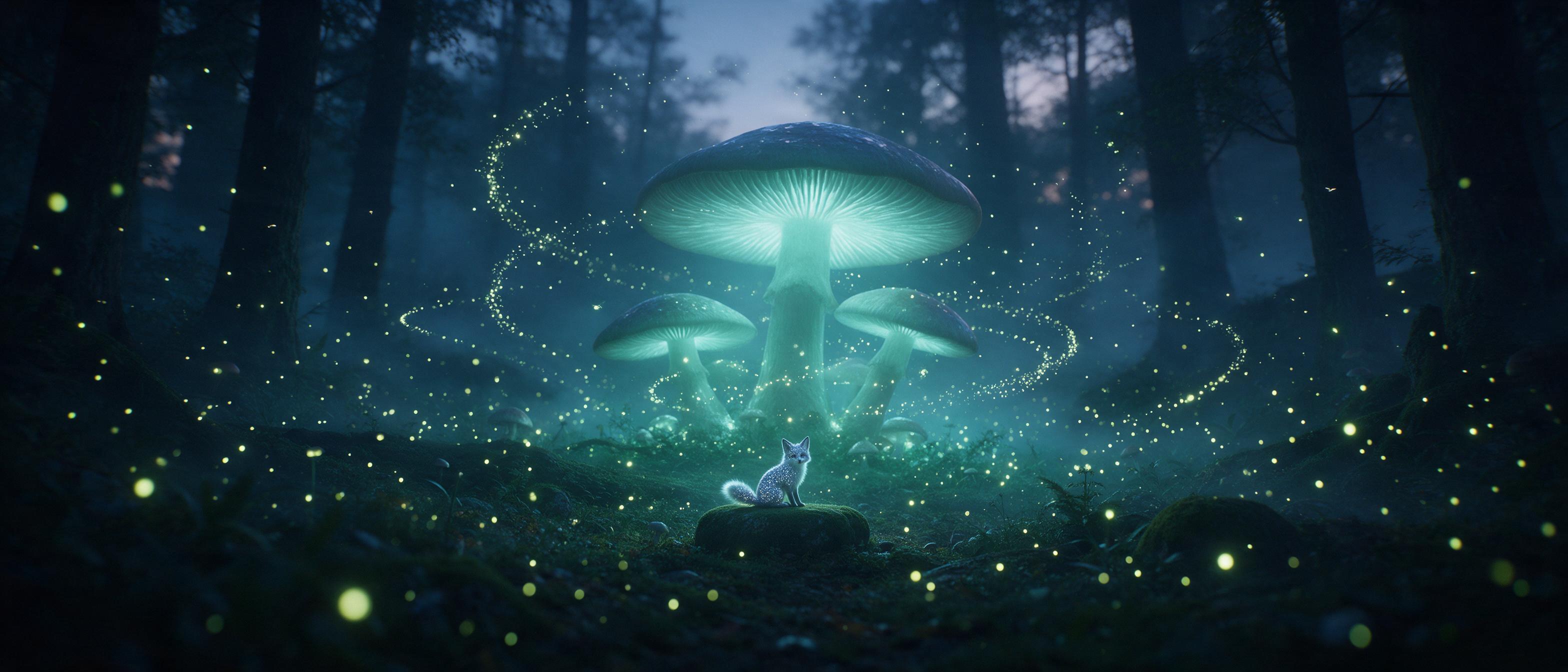 A misty forest clearing at twilight, giant glowing mushrooms casting soft teal light, a tiny fox with shimmering silver fur sits on a mossy stone, fireflies swirl in spirals, ethereal fog, cinematic wide shot, moody atmosphere, no modern objects