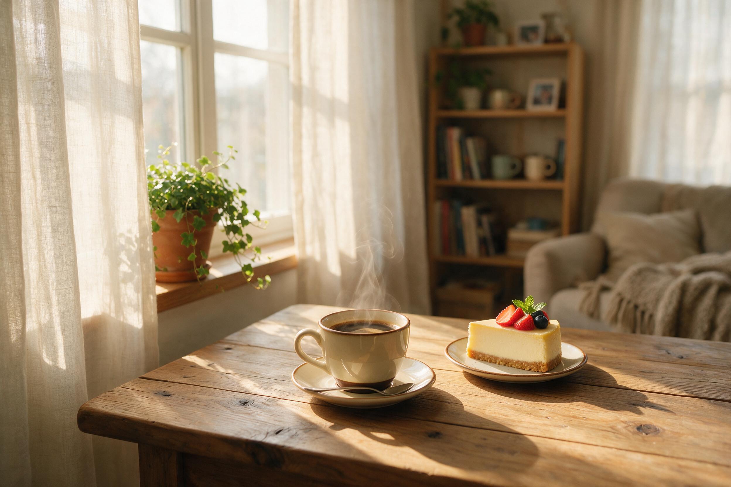 A cozy, warm-lit indoor scene: a steaming cup of coffee on a rustic wooden table, soft morning light filtering through sheer curtains, casting gentle shadows, a slice of cheesecake on a small plate, blurred background of a bookshelf, natural grain, slight warmth in color tone.