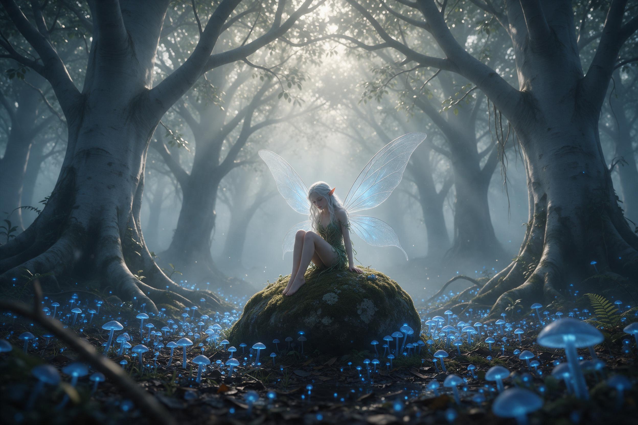 A misty enchanted forest at dawn, where ancient trees with silver bark form a cathedral-like canopy, glowing blue mushrooms carpet the ground, a tiny fairy with translucent wings sits on a mossy stone, soft volumetric light rays pierce through fog, intricate details, ethereal atmosphere