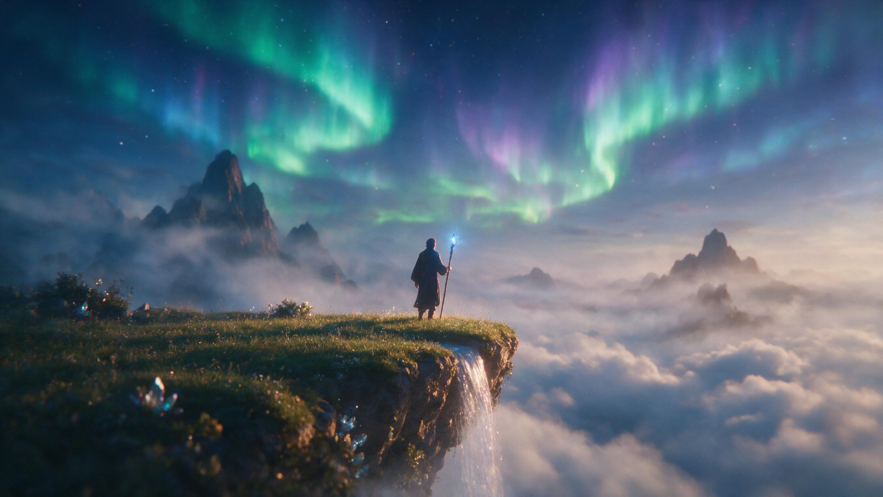 A lone wizard stands on a floating island at dusk, staff glowing with soft blue light, aurora swirls in the sky, distant mountains covered in mist, shallow depth of field, warm golden lighting on the figure, cinematic composition, subtle grain.
