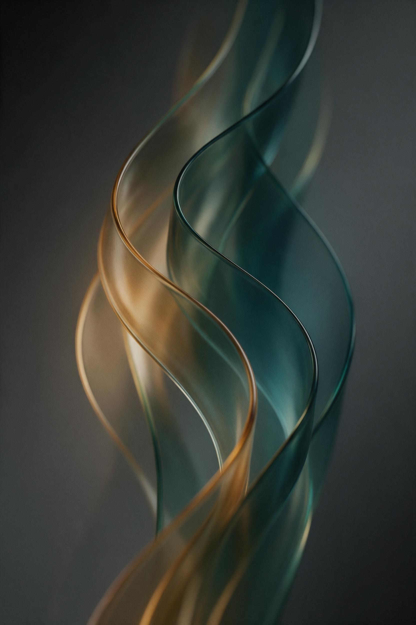Minimalist abstract composition of flowing translucent glass ribbons, softly curved, refracting warm amber and cool teal light, against a matte charcoal background, subtle film grain, shallow depth of field, studio lighting with gentle falloff, smooth gradients, no clutter.