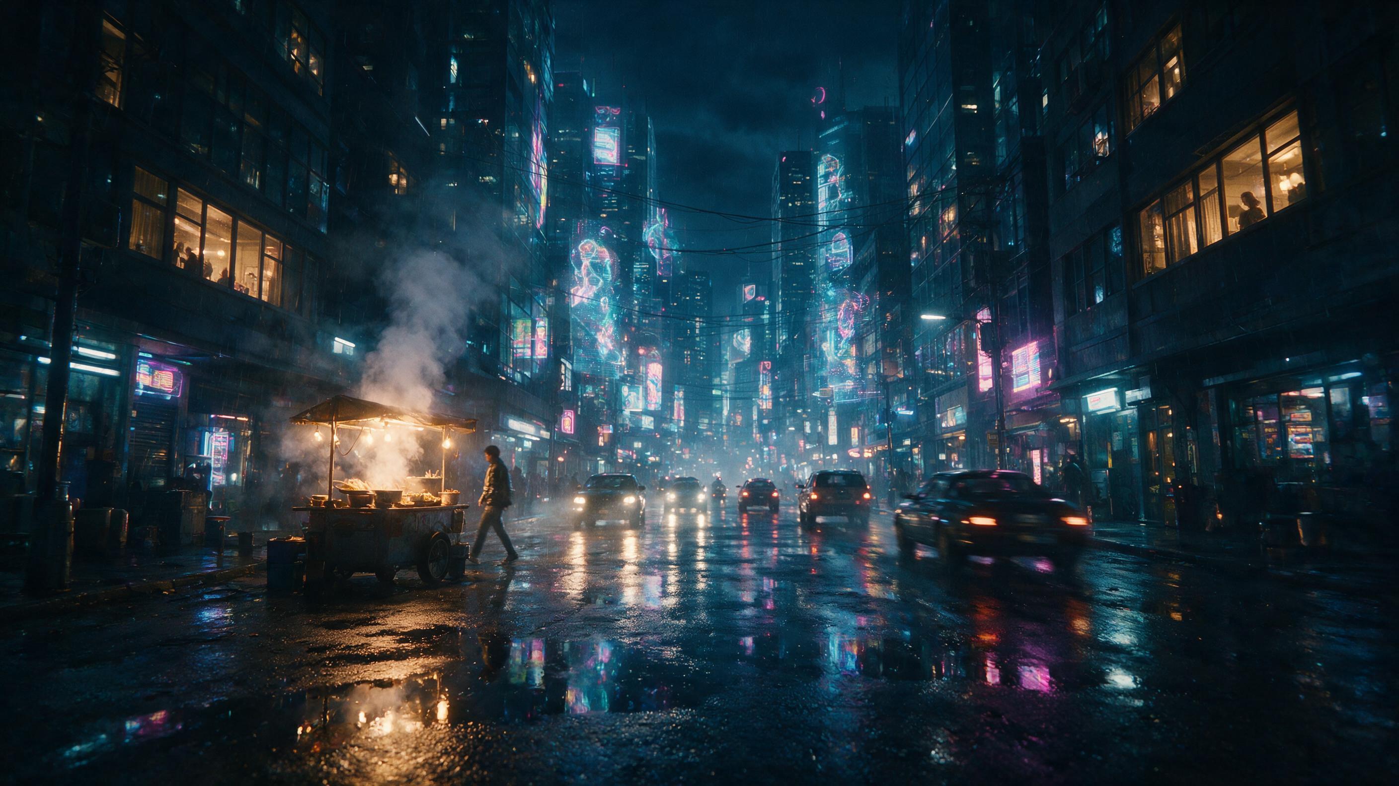 A neon-lit cyberpunk street at midnight, rain-slicked asphalt reflecting holographic ads, a lone figure in a sleek jacket walks past a glowing noodle stall, steam rising from the cart, slight camera blur on moving vehicles, warm tungsten light from a window above, cool blue and magenta ambient glow,