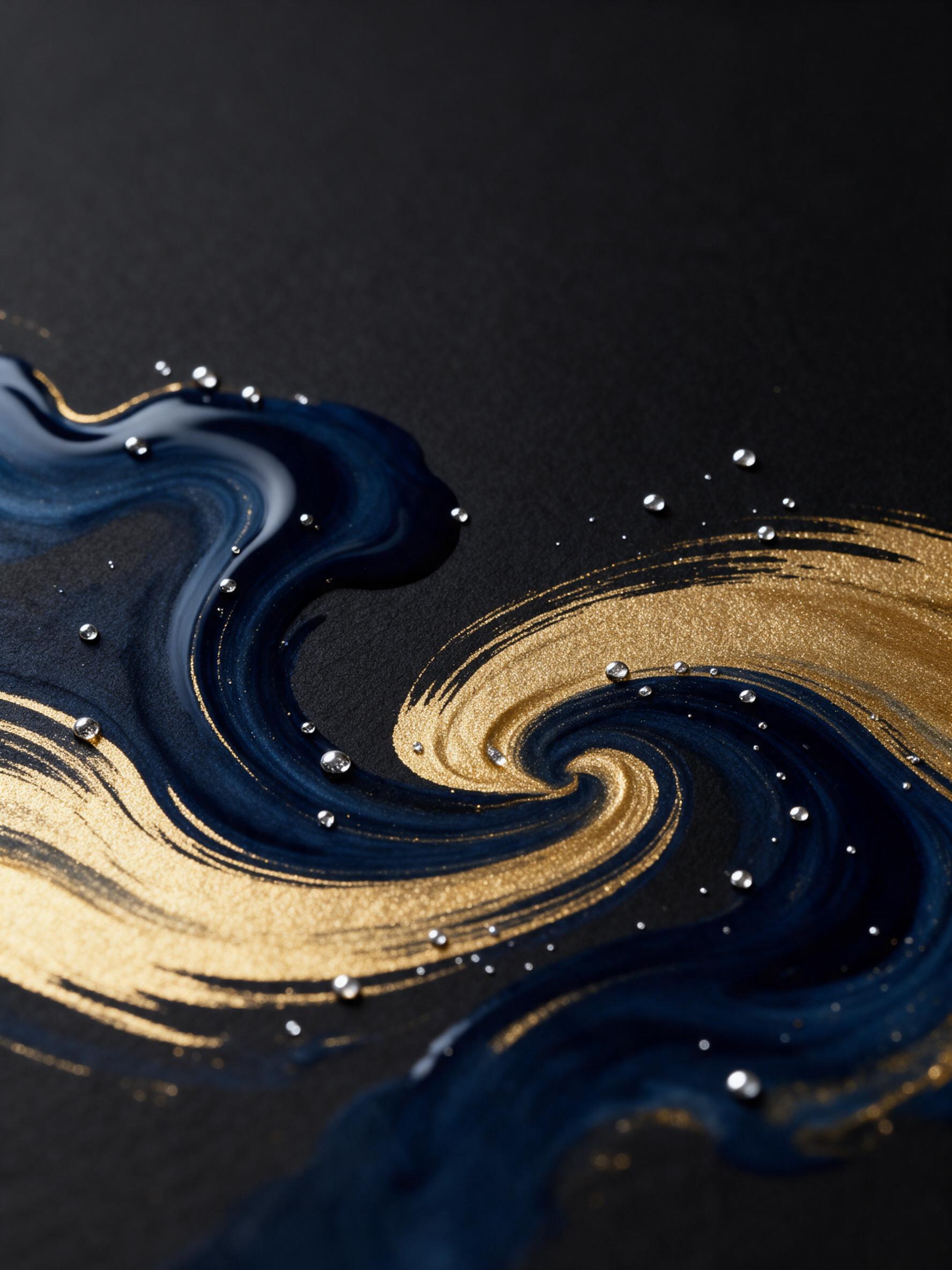 Fluid ink swirls in deep navy and gold on textured black paper, with delicate silver droplets frozen in motion, soft studio lighting raking across surfaces, macro shot capturing glistening wet texture and fine brushstroke edges, elegant minimalist composition with negative space in upper third