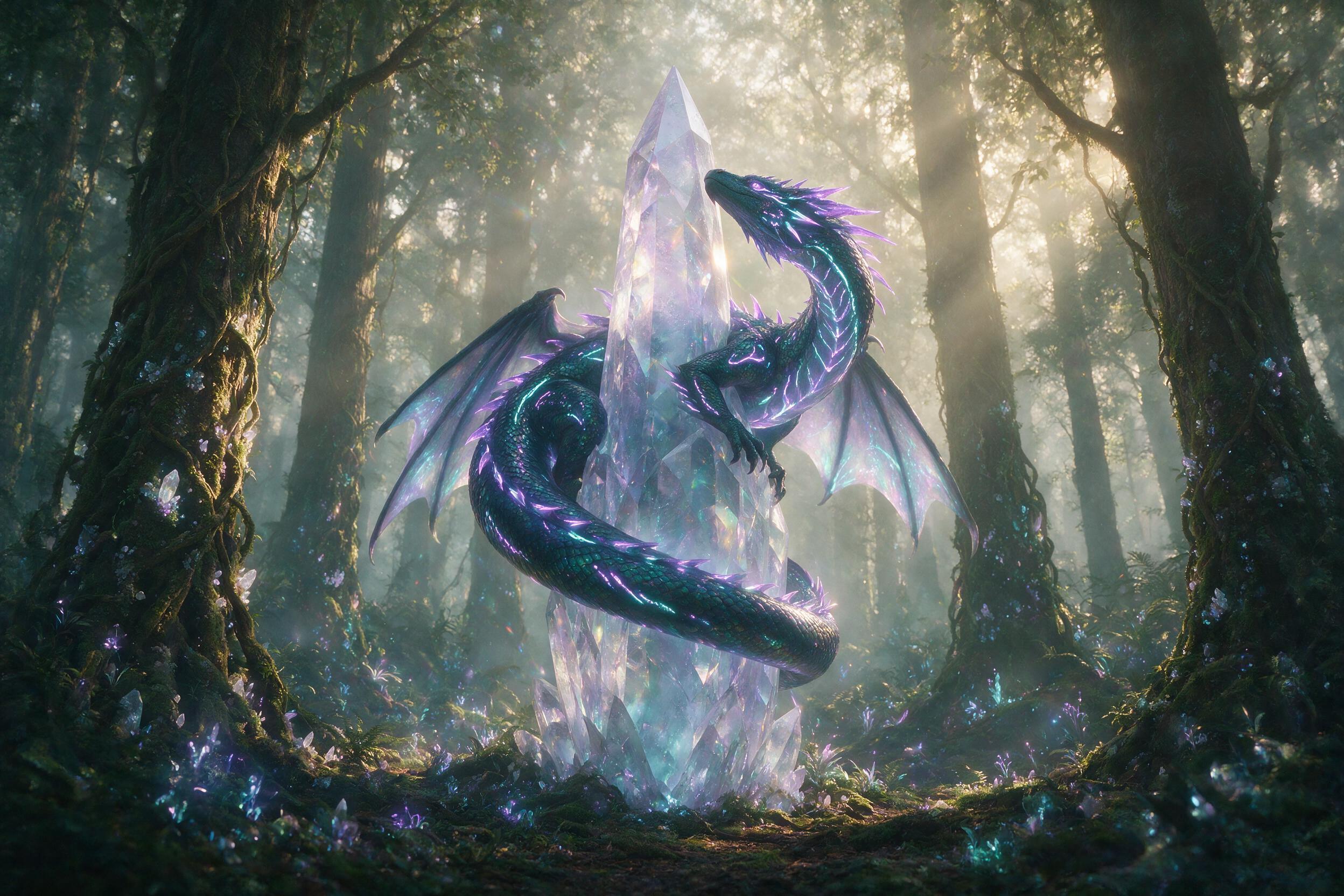 A bioluminescent dragon coiled around a crystalline spire in a misty forest, glowing flora and fungi scattered around, soft purple and blue light reflecting off scales, golden hour sunlight filtering through canopy, ethereal and magical atmosphere, wide-angle lens emphasizing the towering spire and 
