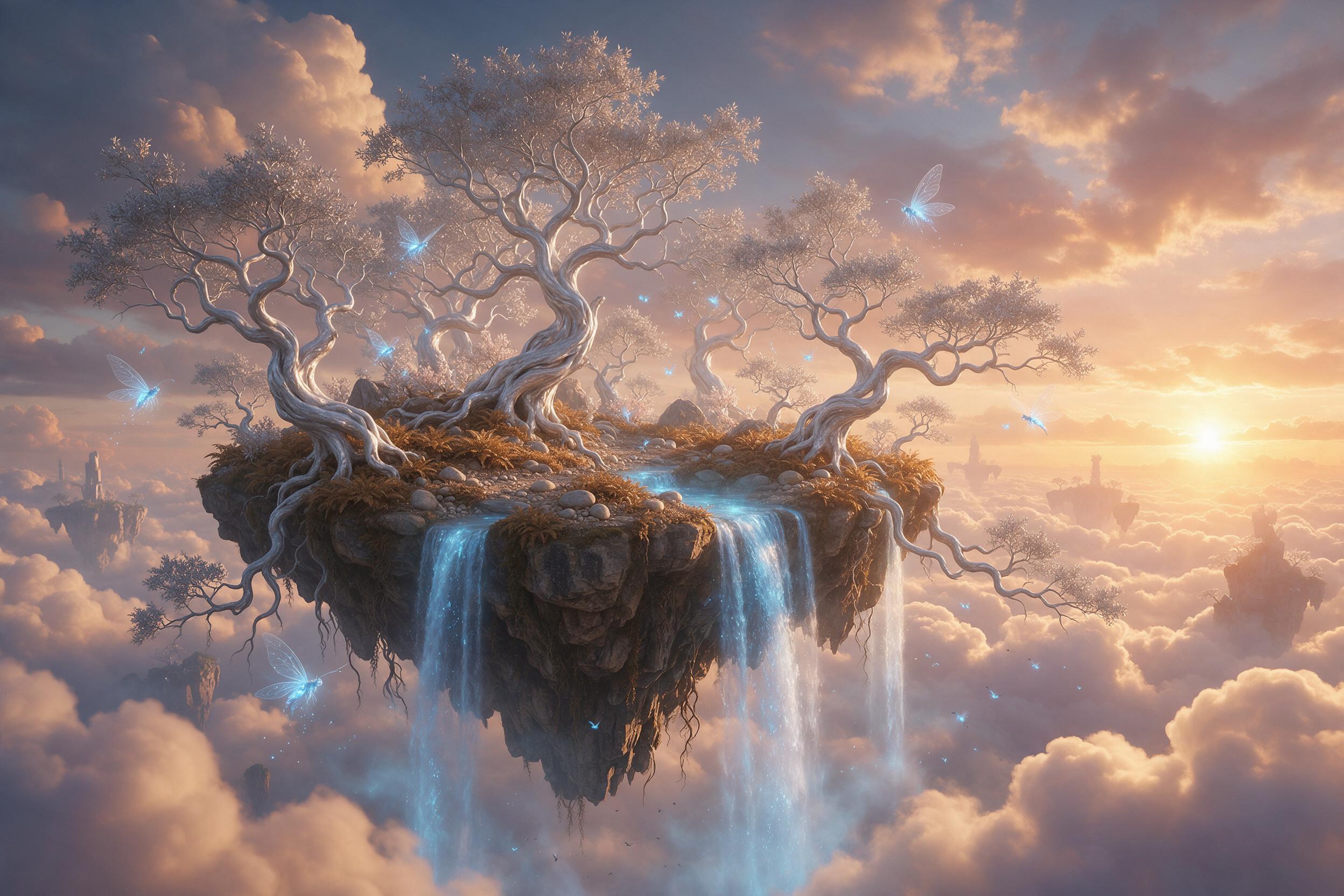 An ancient floating island with twisted silver trees, glowing blue waterfalls cascading into misty clouds. Warm golden light from a setting sun breaks through, casting long shadows. Small bioluminescent creatures flutter between branches. Wide-angle composition, dreamlike atmosphere, soft focus edge