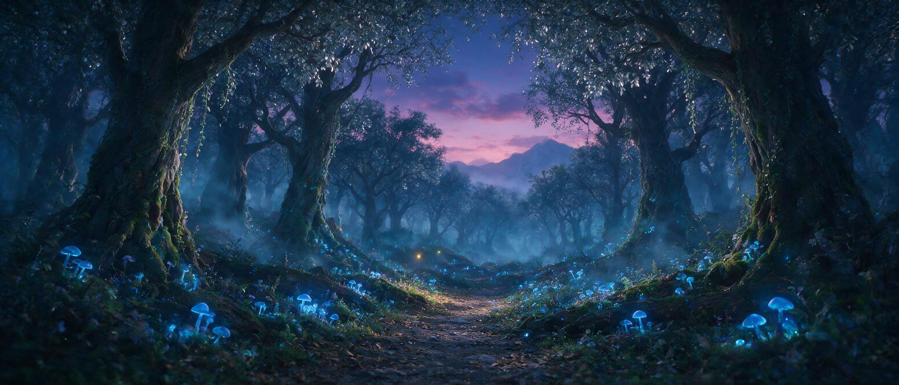 A mystical forest at twilight, glowing blue mushrooms along a winding path, ancient twisted trees with silver leaves, ethereal mist drifting between branches, soft bioluminescent light from the mushrooms casts gentle shadows, a single firefly hovers near the ground, dreamy atmosphere, cinematic comp