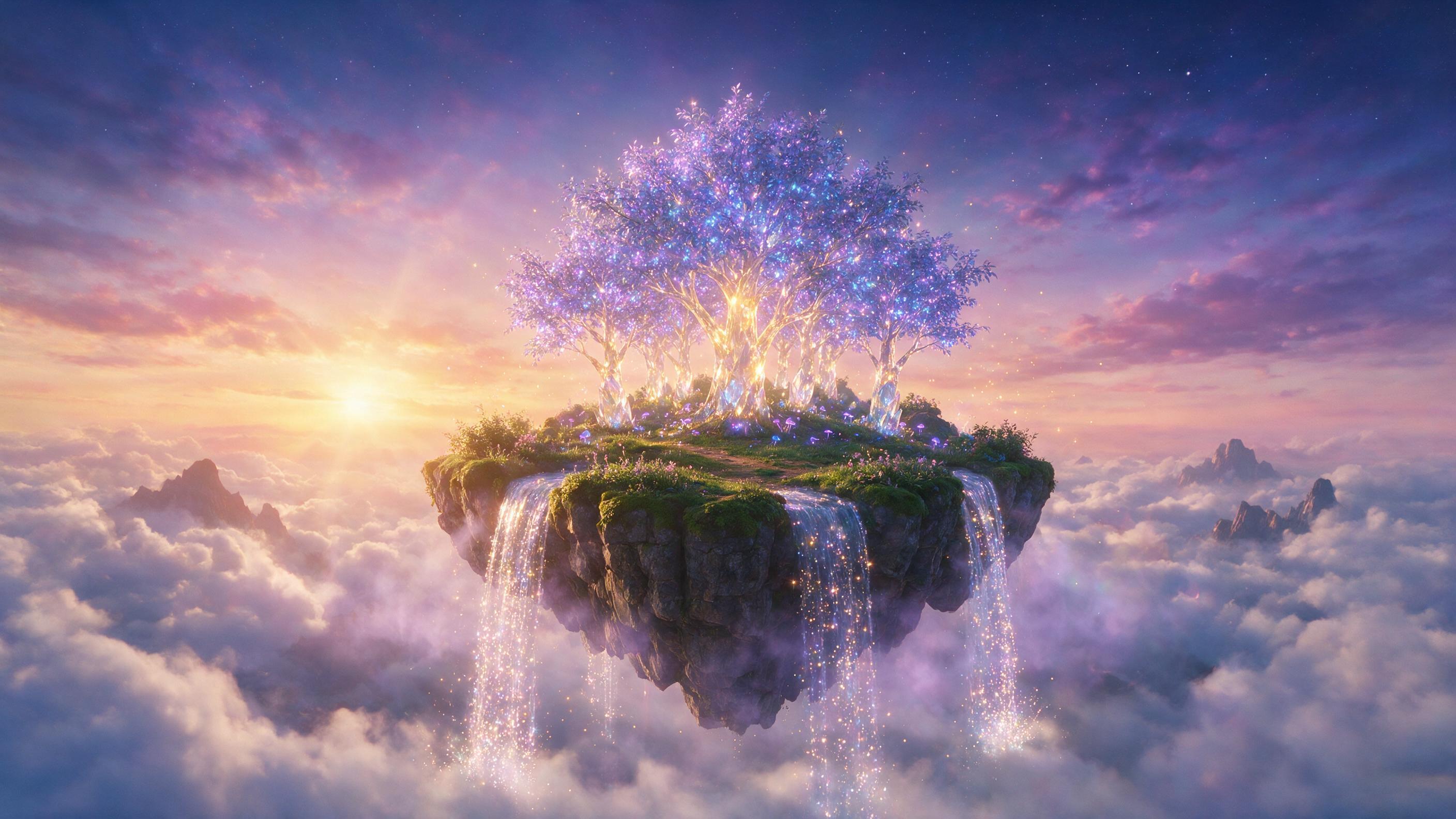 A luminous floating island at dusk, glowing crystal trees with purple and blue bioluminescent leaves, cascading waterfalls of starlight falling into the misty abyss below, soft fog, warm golden and cool violet light, cinematic composition, ethereal dreamlike atmosphere, gentle lens flare.