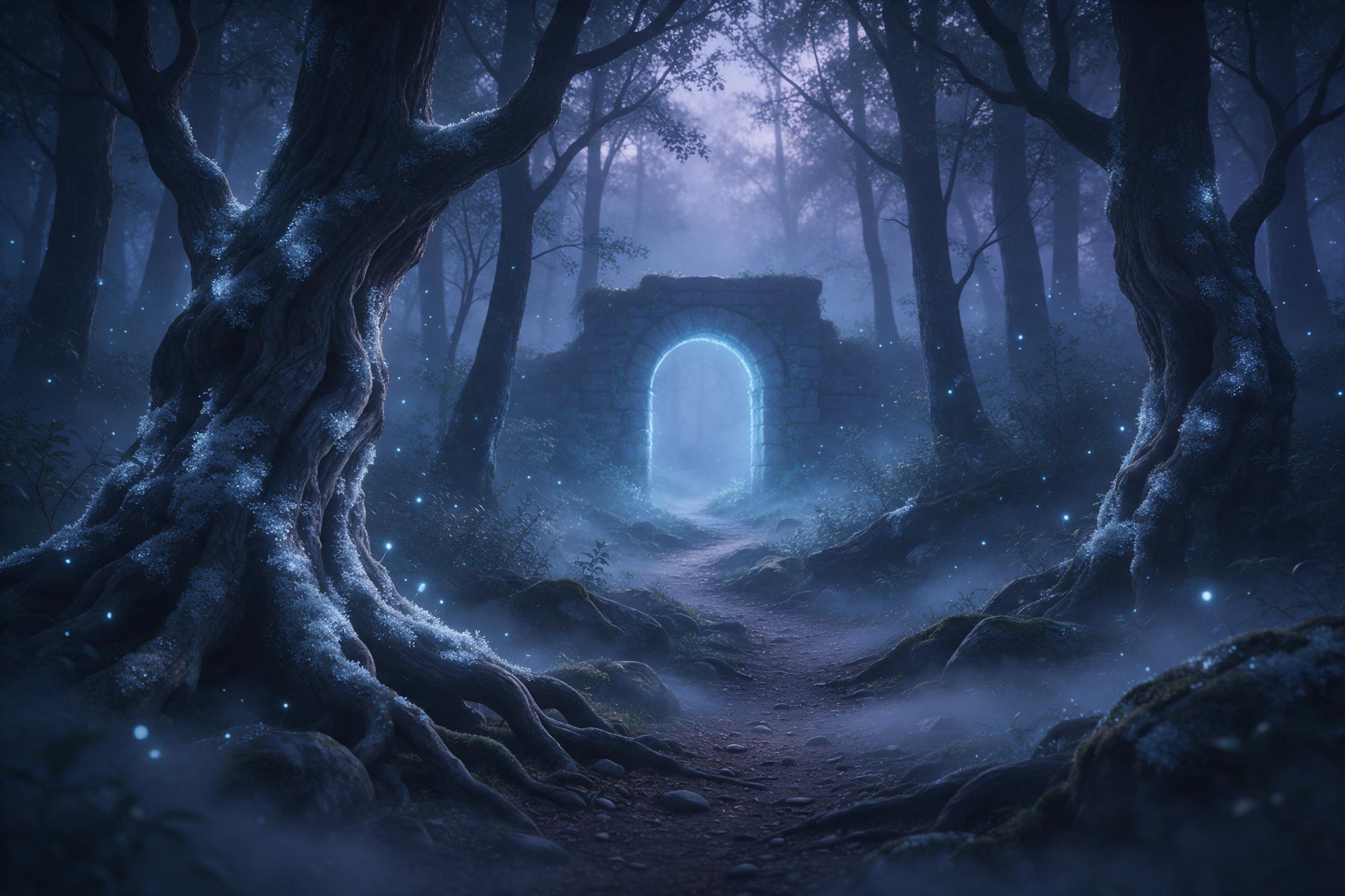 A misty ancient forest at twilight, gnarled trees with glowing silver moss, a narrow winding path leading to a distant stone archway emitting soft blue light, ethereal fireflies floating in the air, low fog hugging the ground, cool blue and purple palette, cinematic lighting with gentle rim light on