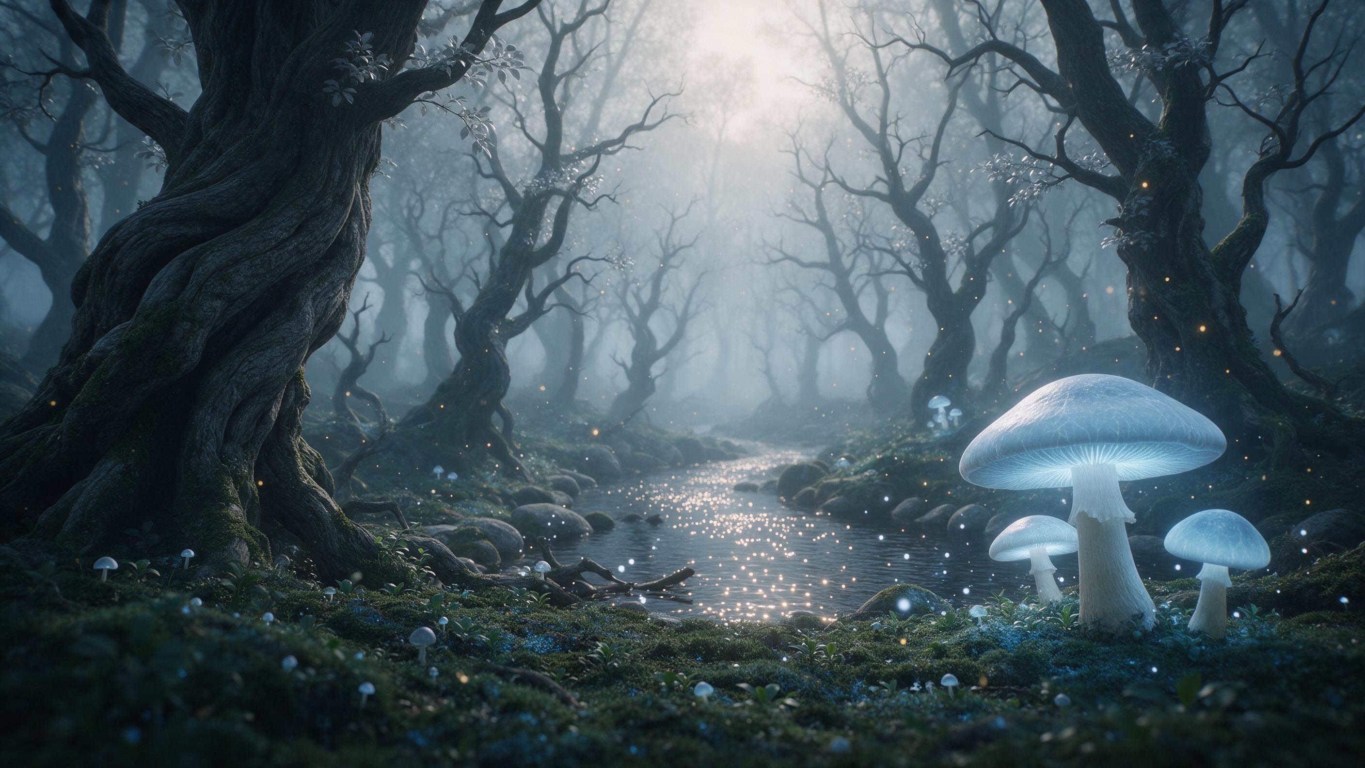 Misty morning in an ancient enchanted forest, giant glowing mushrooms casting soft blue light on mossy ground, a winding stream reflecting golden sparkles, gnarled trees with silver leaves, floating pollen motes, ethereal atmosphere, cinematic composition with low-angle view, soft diffused light thr