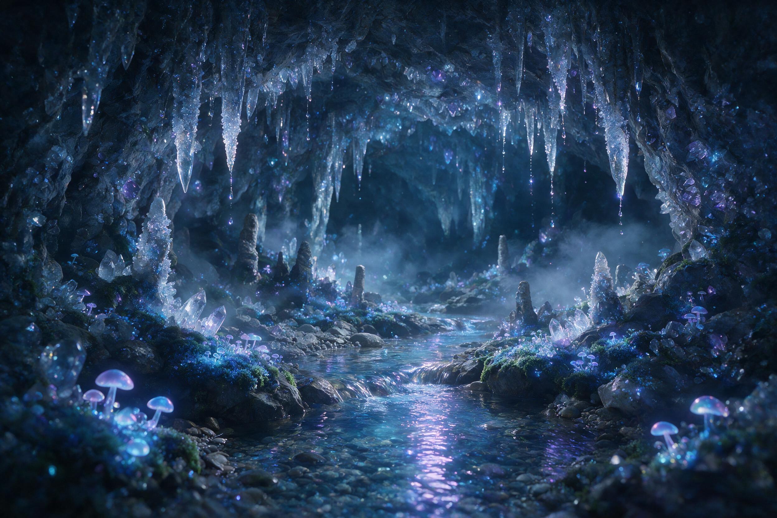 A luminous crystal cave deep underground, bioluminescent moss and fungi glowing in soft blue and purple hues, a small stream reflecting the light, stalactites dripping with magical essence, ethereal atmosphere, shallow depth of field, cinematic lighting, subtle mist