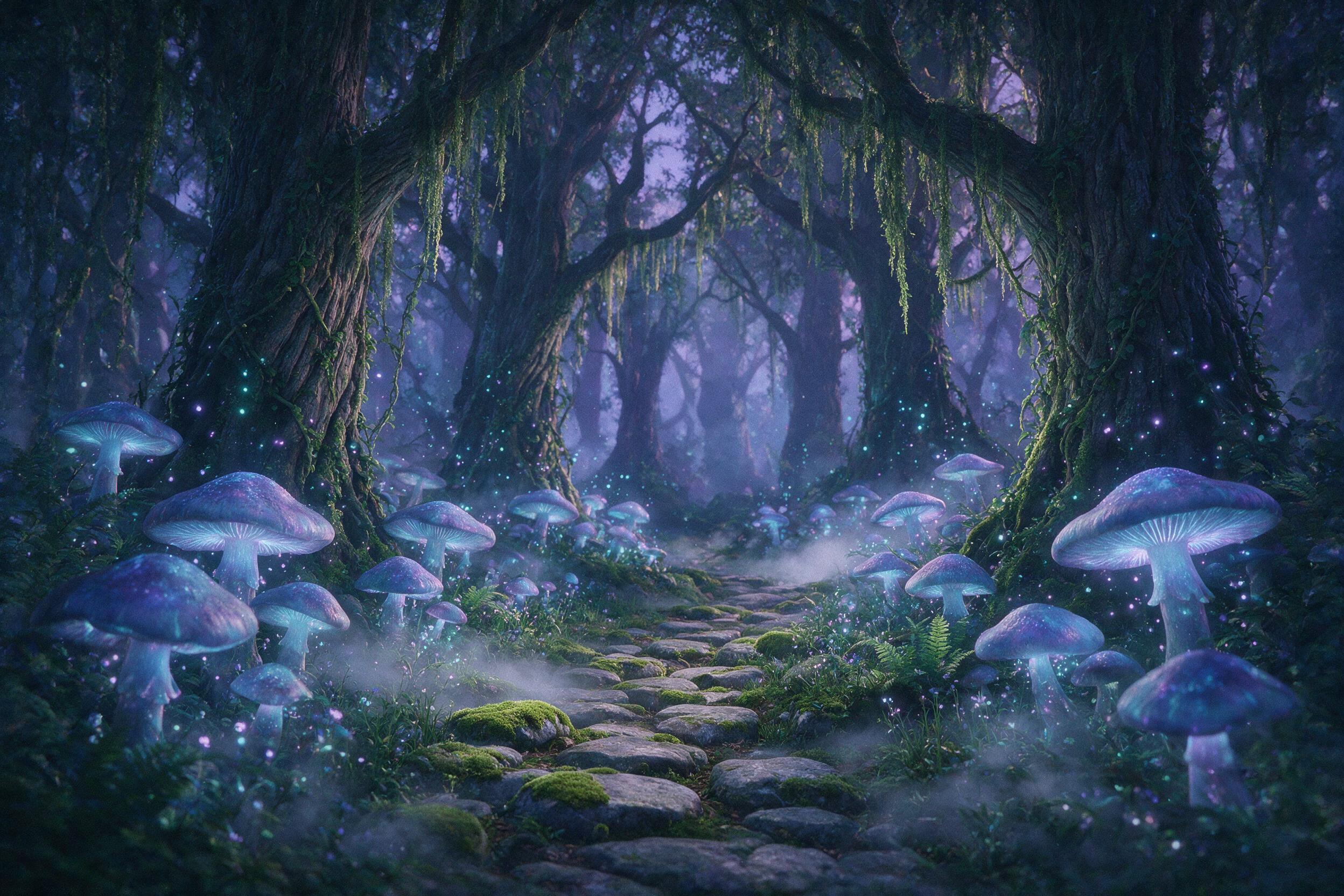 Enchanted forest at twilight, giant glowing mushrooms with bioluminescent spores floating in the air, a winding path of moss-covered stones, soft purple and blue light filtering through twisted trees, mist clinging to the ground, ethereal atmosphere, slight grain