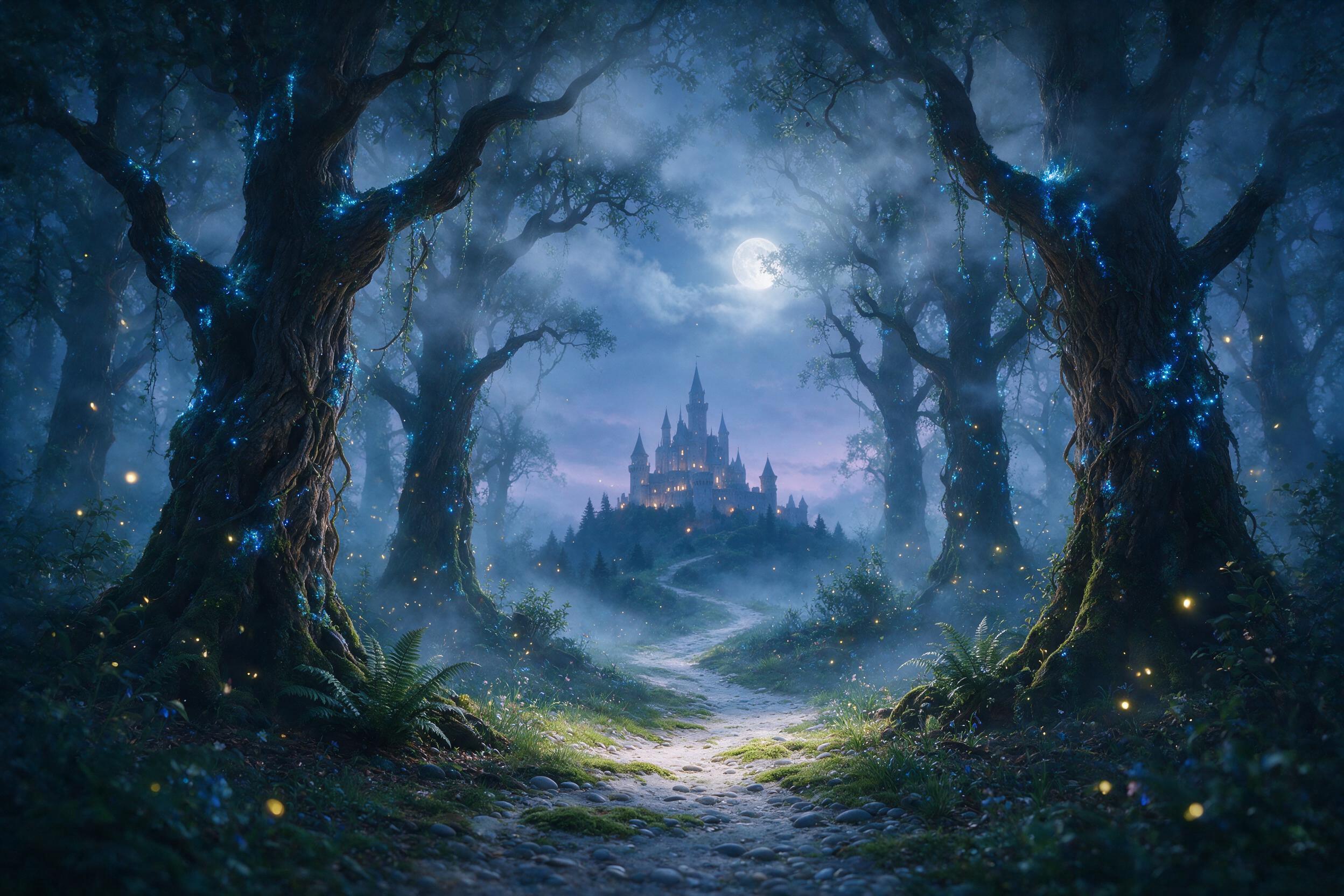 A misty enchanted forest at twilight, ancient trees with glowing blue moss, tiny floating fireflies, a winding path leading to a distant castle silhouette, soft moonlight filtering through fog, magical atmosphere, gentle bokeh effect