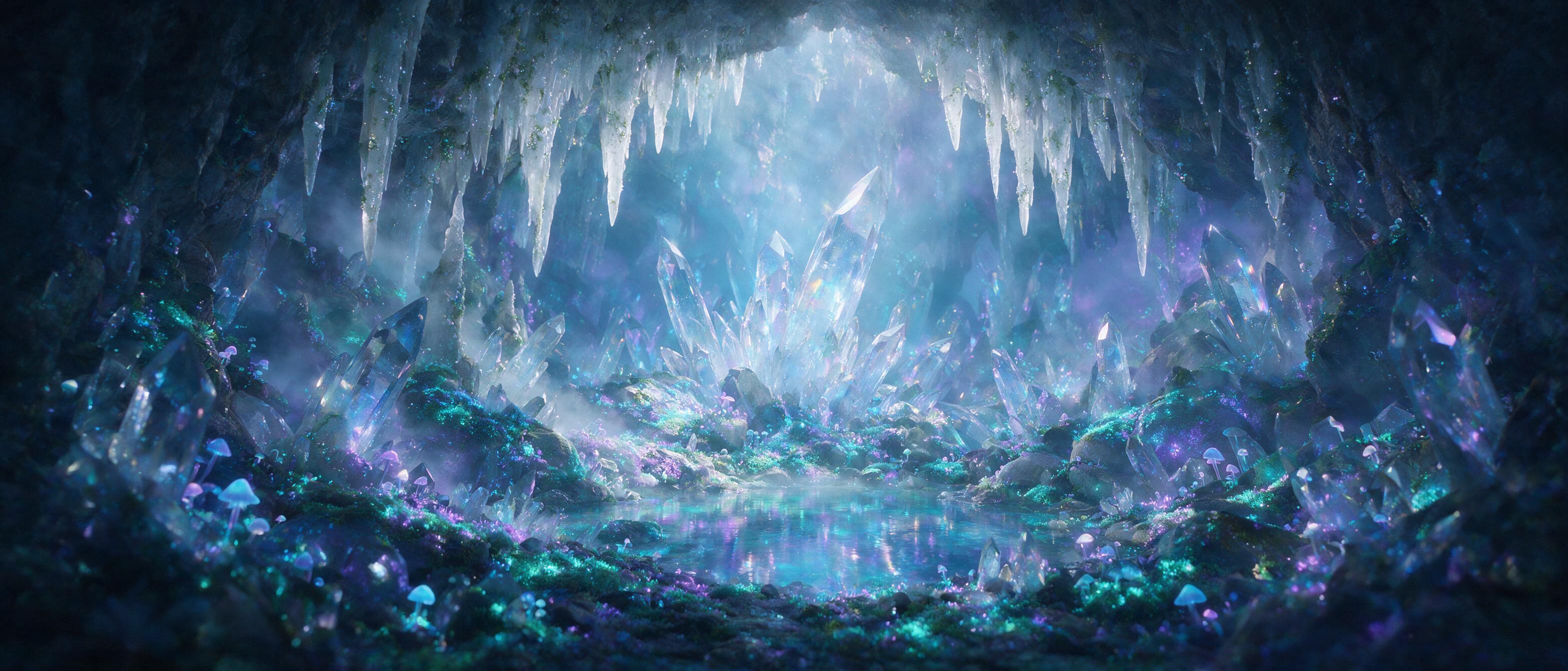 A luminous crystal cave deep underground, glowing moss and bioluminescent fungi casting soft blue and purple light on jagged quartz formations, a small pool of clear water reflects the ethereal glow, mist swirls around ancient stalactites, soft volumetric lighting, cinematic composition, shallow dep