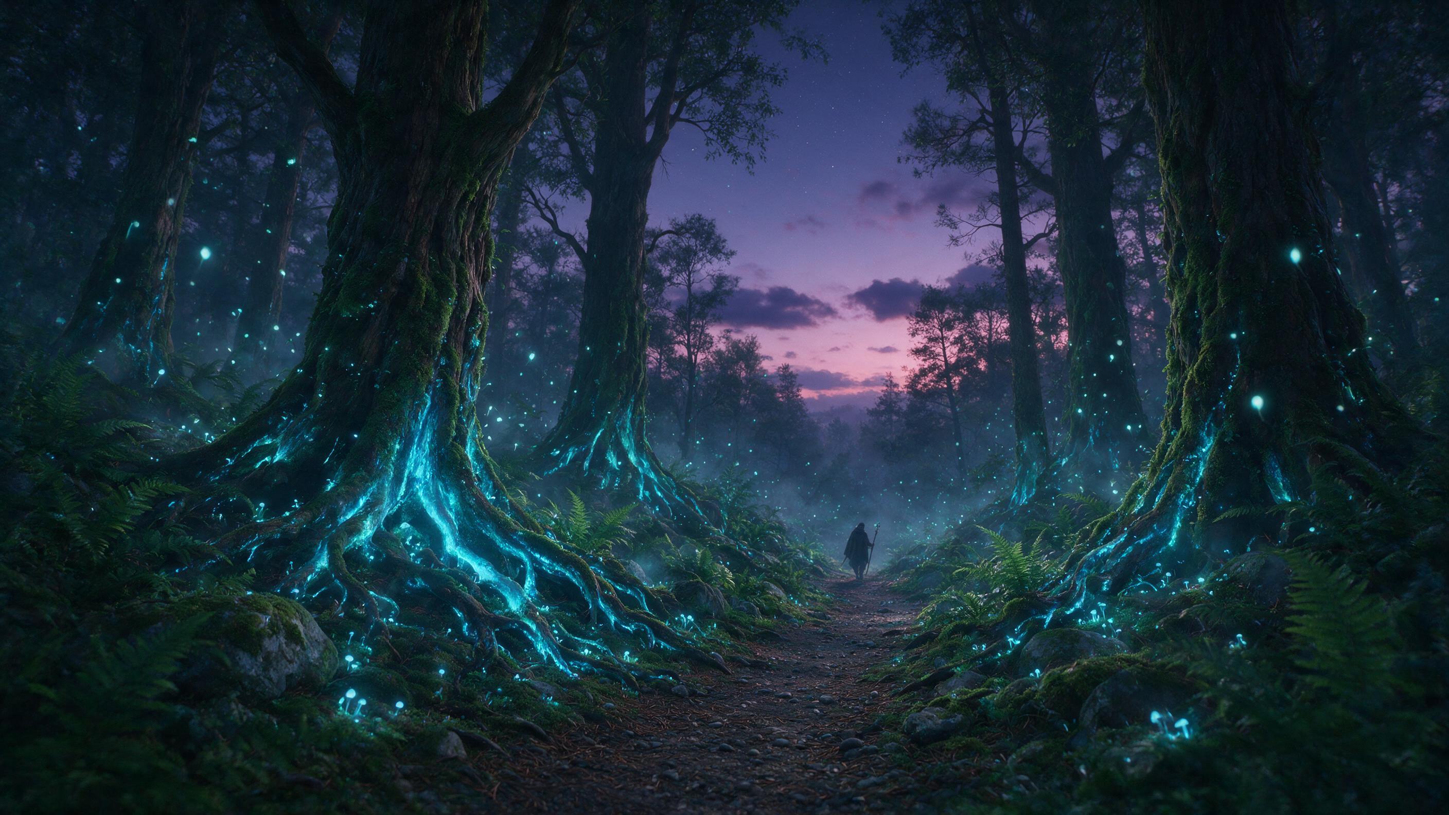 A bioluminescent forest at twilight, ancient trees with glowing blue roots, floating spores like tiny lanterns, a faint mist weaving between ferns, a lone cloaked figure with a staff walking a winding path, soft cyan and violet palette, gentle rim lighting from the glowing flora, cinematic depth of 