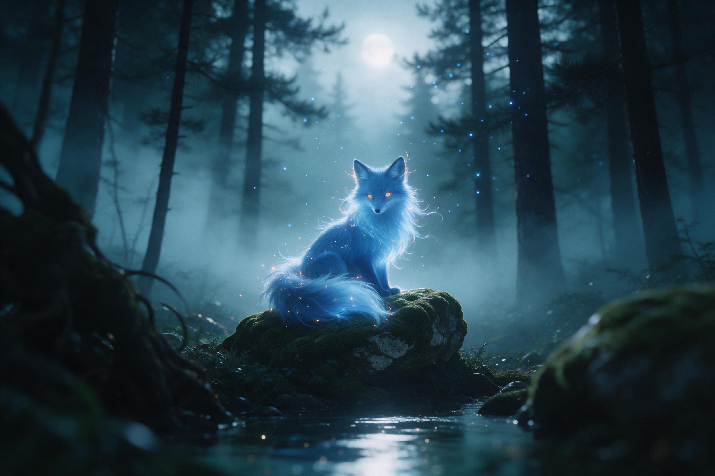 A lone glowing blue spirit fox sits on a moss-covered stone in a moonlit forest, its fur crackling with soft magical sparks, ethereal particles drifting upward through silhouetted pines, misty air, cool teal lighting with warm amber accents, shallow depth of field, hinted film grain, gentle motion o