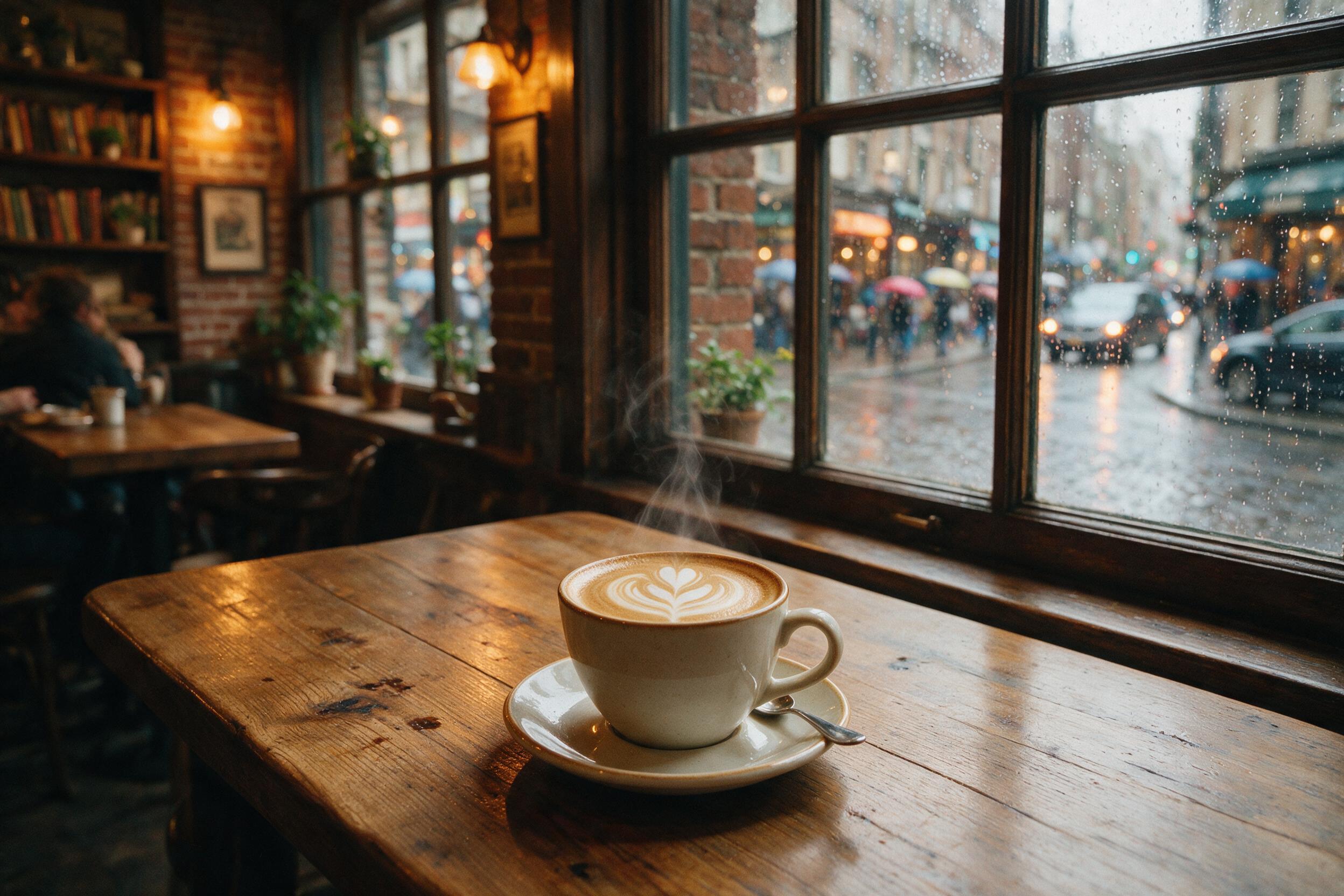 A cozy interior scene in a rain-streaked window cafe, warm amber lamp light casting soft shadows on a wooden table, a steaming cup of coffee with delicate latte art, blurred city street outside with passing umbrellas, shallow depth of field, natural overcast daylight, slight grain, 35mm lens