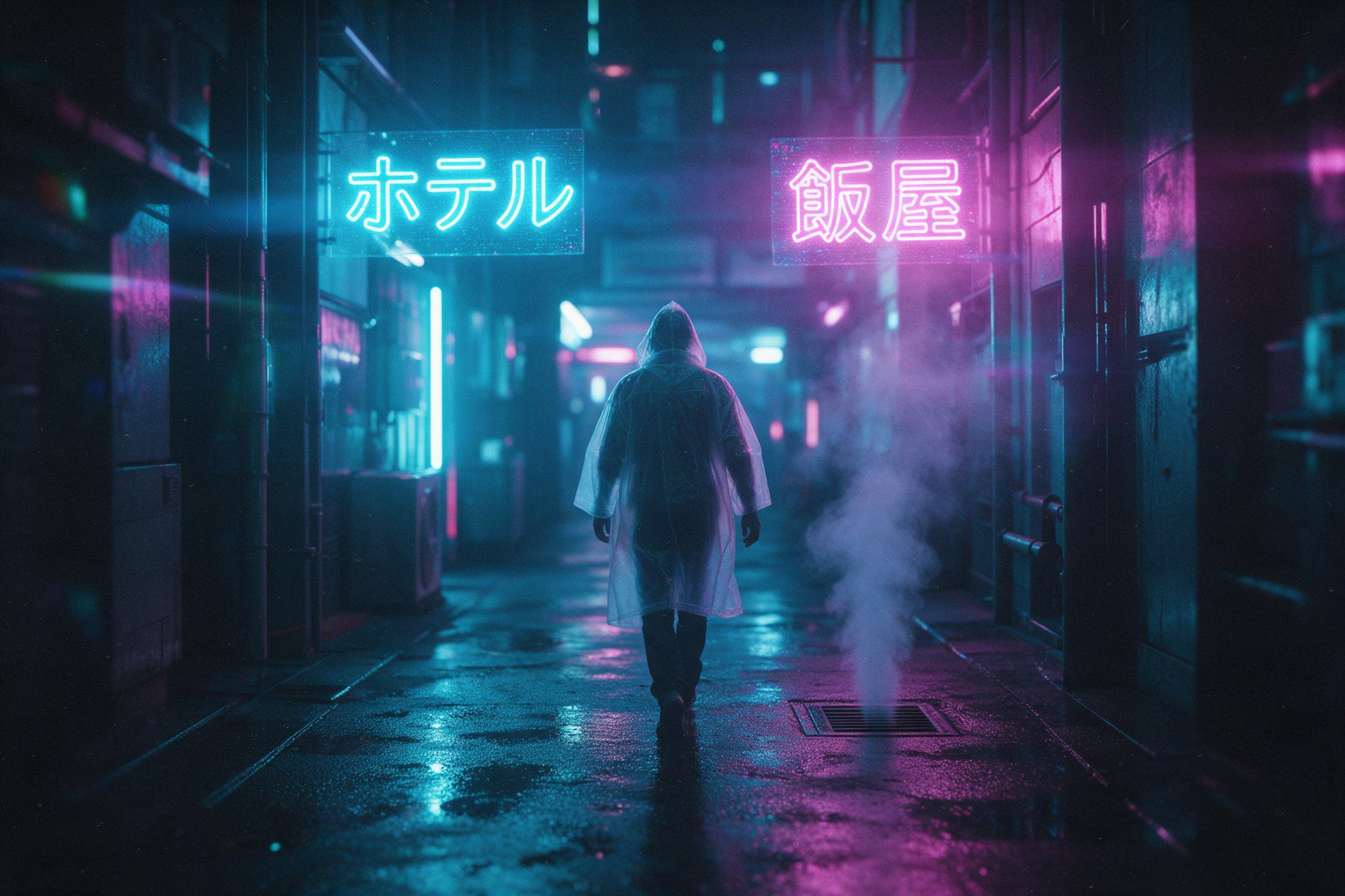 A neon-lit cyberpunk alley in the rain, holographic kanji signs reflecting on wet pavement, steam rising from a vent, a lone figure in a translucent raincoat walking away, moody cyan and magenta lighting, shallow depth of field, slight lens flare, gritty film grain