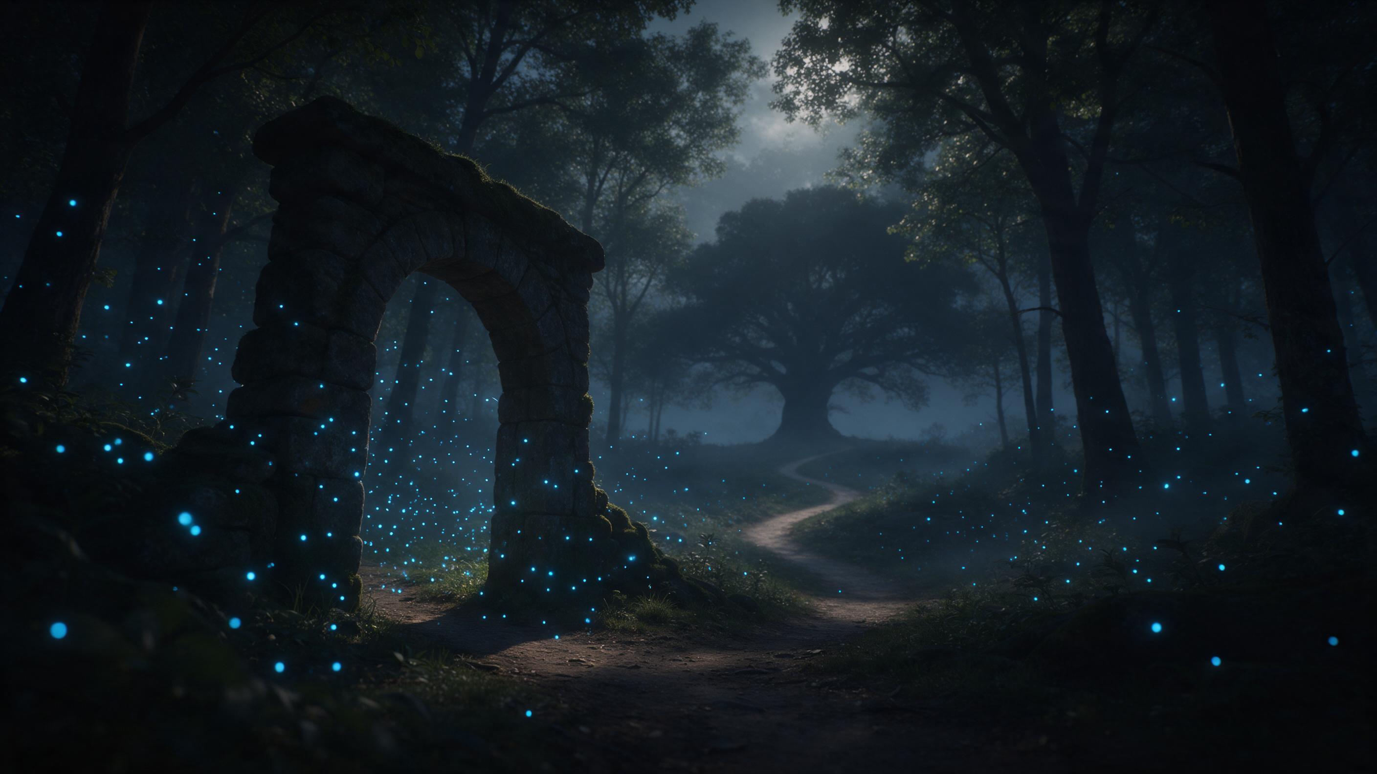 Ancient mossy stone archway in a misty twilight forest, glowing blue fireflies swirling around, a winding dirt path leading to a distant silhouette of a giant tree, soft diffused moonlight filtering through dense canopy, ethereal atmosphere, gentle fog hugging the ground, muted earthy tones with cya