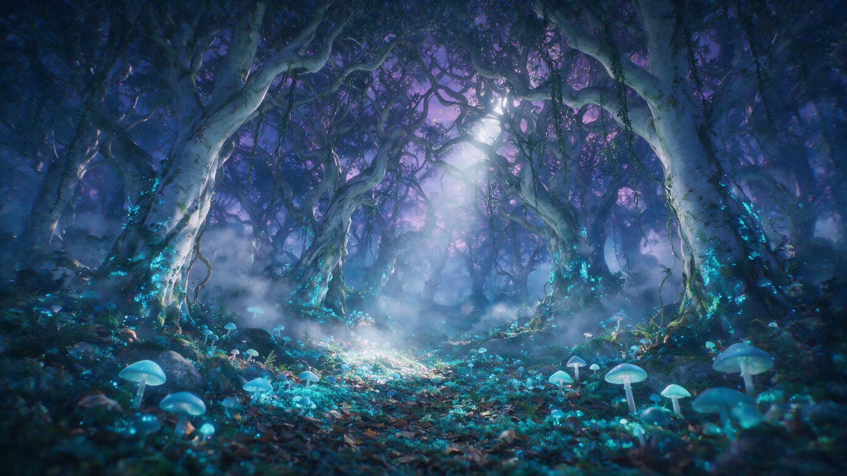 An ethereal forest at twilight, bioluminescent mushrooms and glowing blue moss carpet the ground, ancient twisted trees with silver bark, soft mist weaving between trunks, a single beam of moonlight piercing through the canopy, vibrant purple and teal hues, surreal dreamlike atmosphere, slight camer