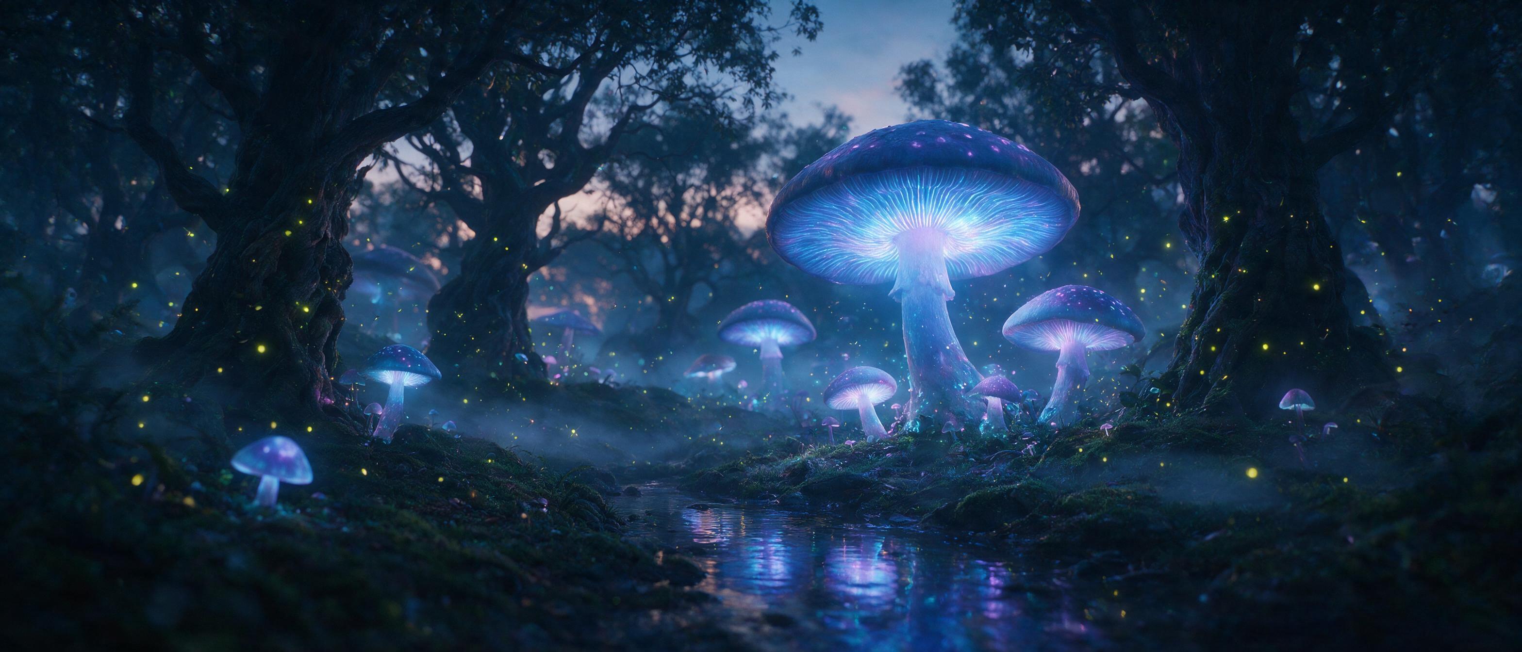 A bioluminescent forest at dusk, giant glowing mushrooms casting soft blue and purple light, a small stream mirroring the luminous fungi, fireflies weaving through ancient twisted trees, mist rolling low over mossy ground, ethereal atmosphere, cinematic wide shot, shallow depth of field