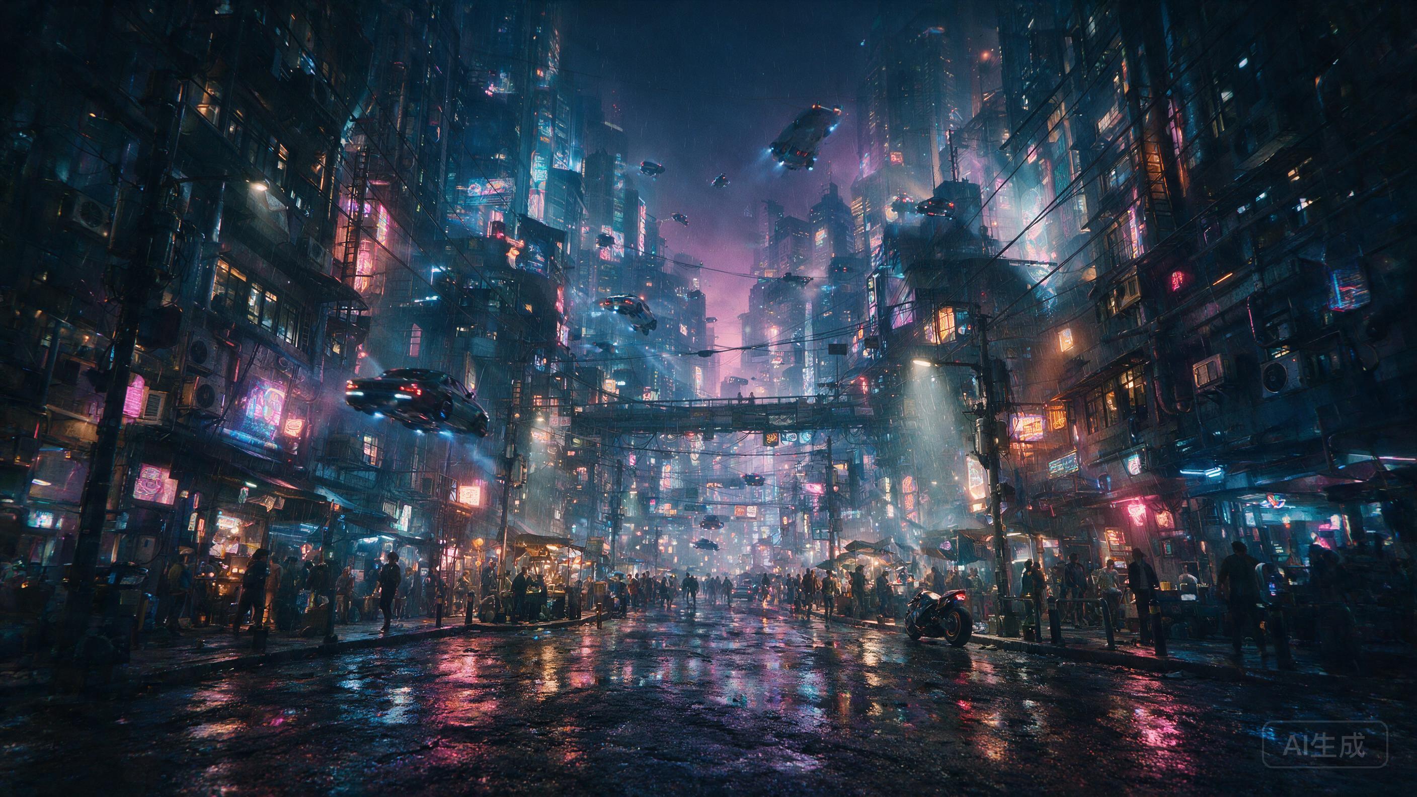 Cyberpunk city street at night, neon reflections on wet pavement, flying cars, holographic billboards, rain, volumetric lighting