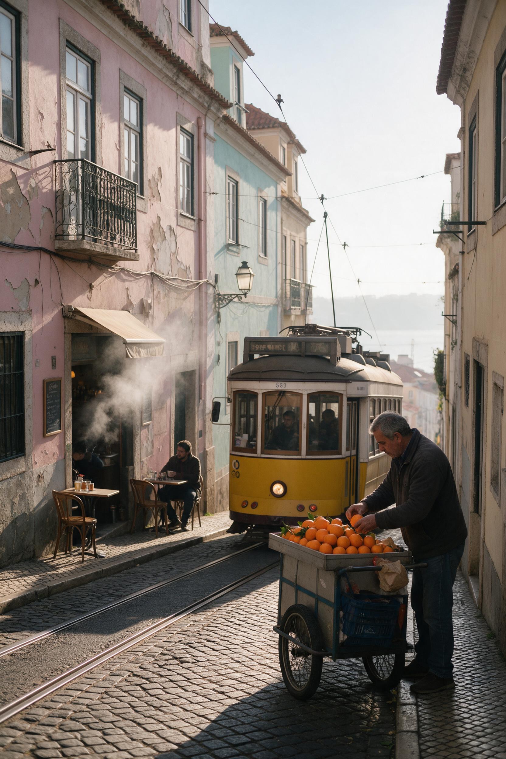 Morning light on a cobblestone alley in Lisbon, trams humming past pastel buildings with peeling paint, a street vendor arranging oranges at his cart, steam rising from a café doorway, soft haze from the river, shot with a 35mm lens, slight camera shake, warm natural tones.