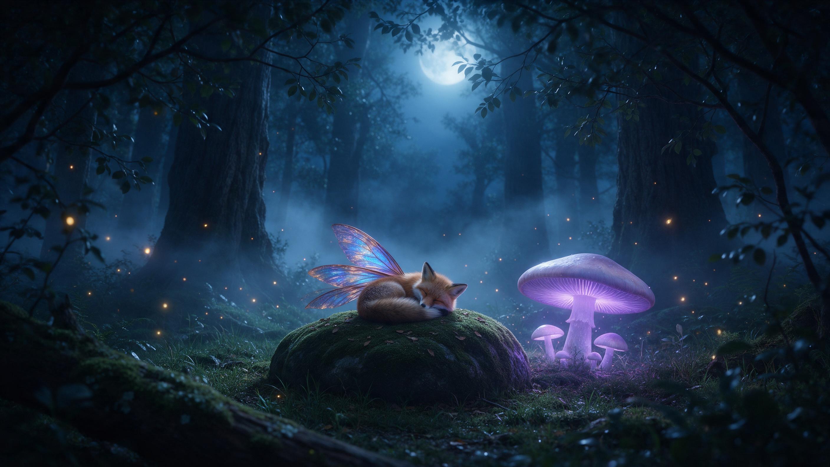 A moonlit forest clearing where giant glowing mushrooms cast soft purple light, a small fox with iridescent wings curls on a mossy stone, distant mist between ancient trees, fireflies drifting, cinematic composition with foreground branch framing, cool blue color palette