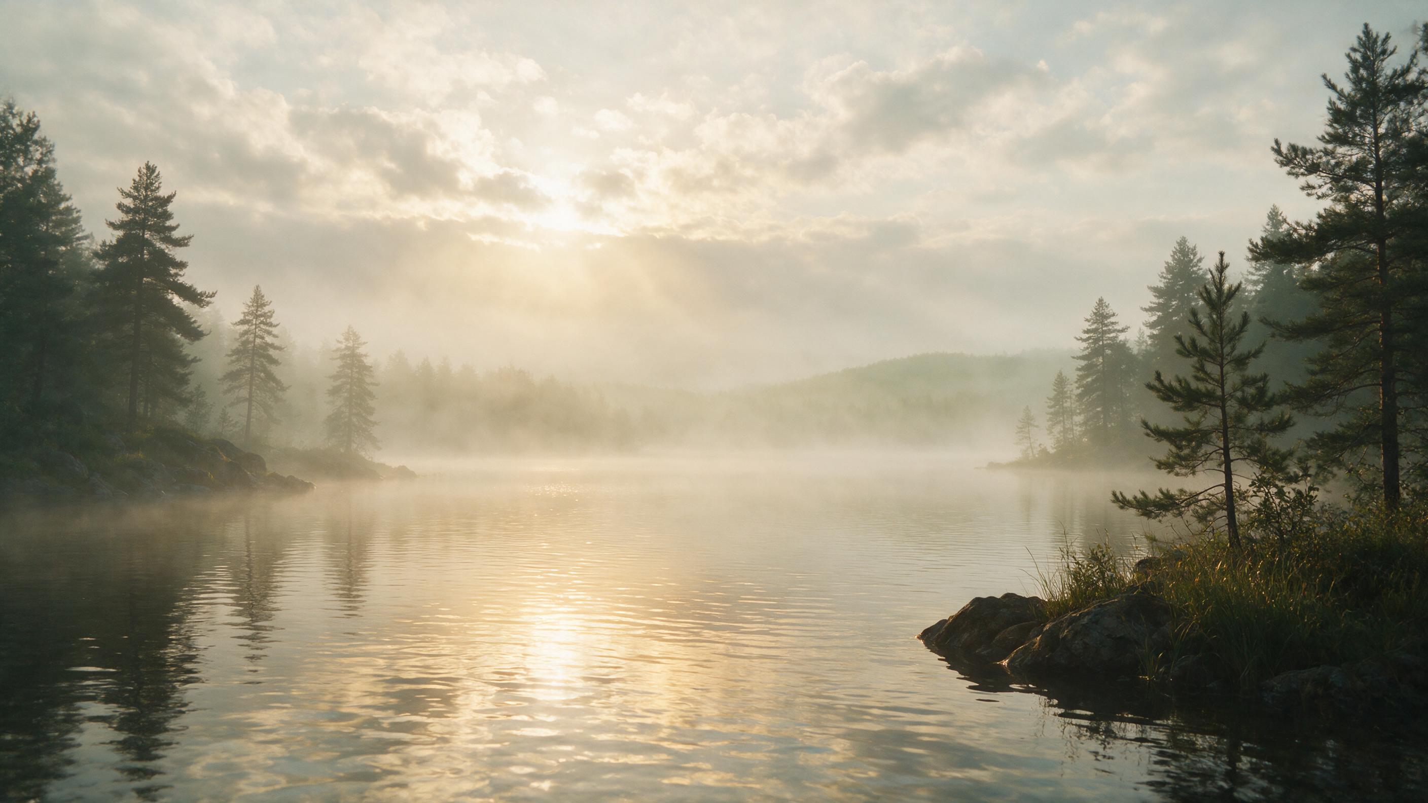 Misty morning over a calm lake, with soft golden sunlight piercing through scattered clouds, gentle ripples on the water, silhouettes of pine trees along the shore, natural color palette, slight haze, shallow depth of field, atmospheric perspective, no sharp edges or harsh shadows.