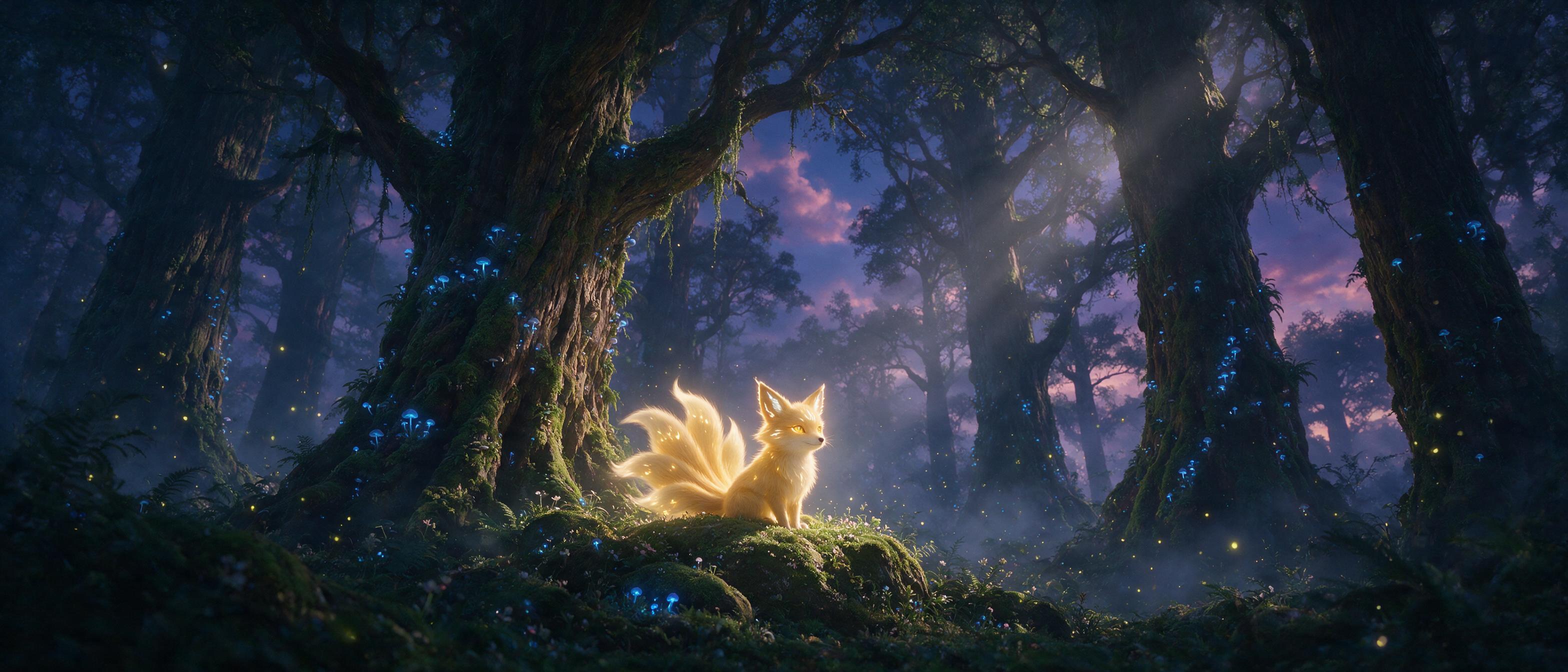 A misty forest at twilight, giant ancient trees with glowing blue fungi, a small glowing fox spirit with nine tails sitting on a mossy rock, fireflies floating in the air, soft volumetric light rays filtering through the canopy, ethereal atmosphere, cinematic composition, dreamy and magical mood