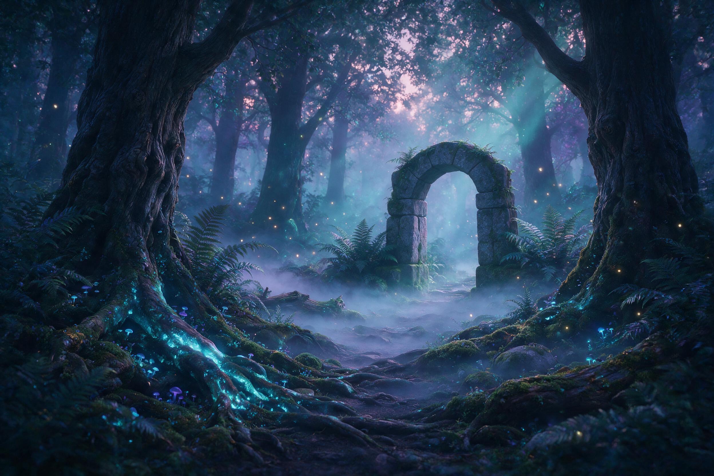 A misty bioluminescent forest at dusk, towering ancient trees with glowing blue roots, soft fireflies drifting between ferns, a small stone archway half-hidden in moss, ethereal teal and violet color palette, volumetric light rays filtering through canopy, gentle fog rolling over ground, fantasy rea
