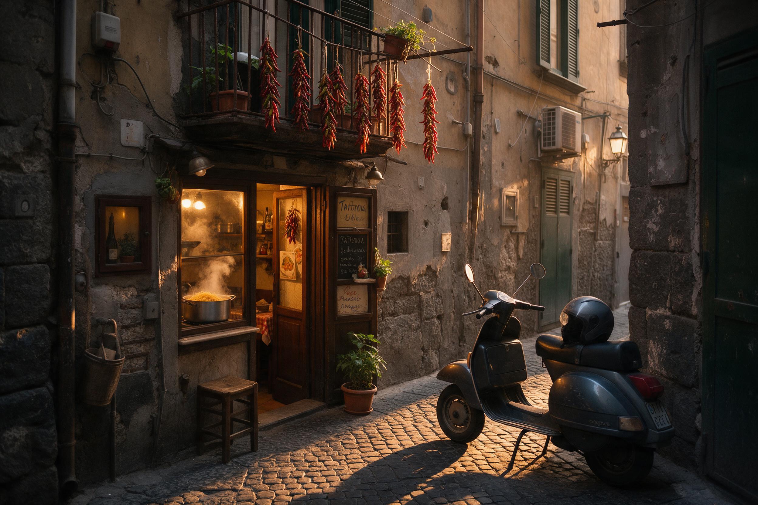 A narrow cobblestone alley in Naples at dusk, warm golden light spilling from a small trattoria doorway, strings of chili peppers hanging from a rusted iron balcony, a Vespa parked with a helmet on the seat, steam rising from a pasta pot visible through the window, soft shadows stretching across the