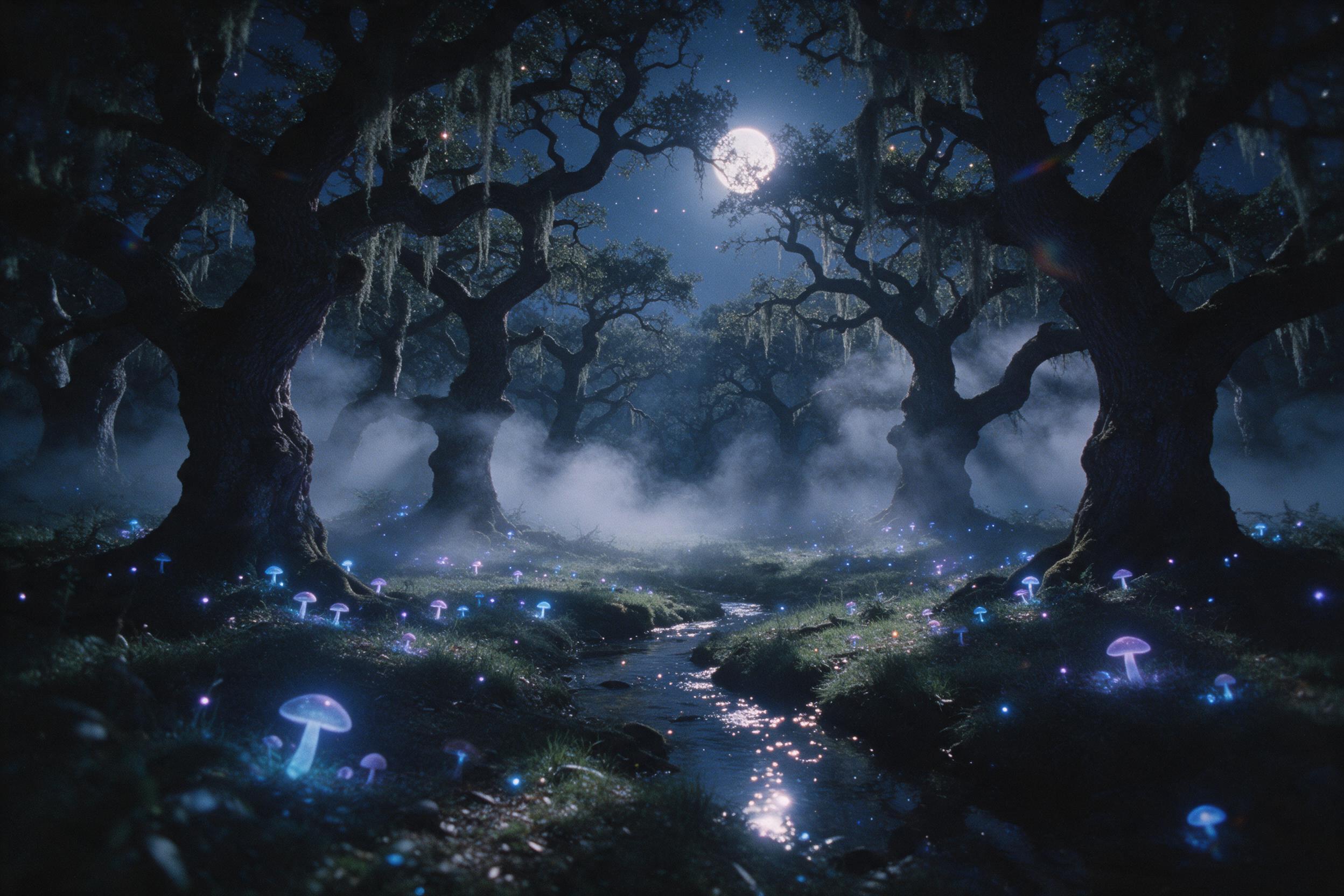 A moonlit forest clearing with bioluminescent mushrooms casting soft blue and purple glow, ancient twisted oak trees with hanging moss, a small stream reflecting the stars, ethereal mist swirling between trunks, shot on vintage 35mm film, slight lens flare, gentle atmospheric perspective.